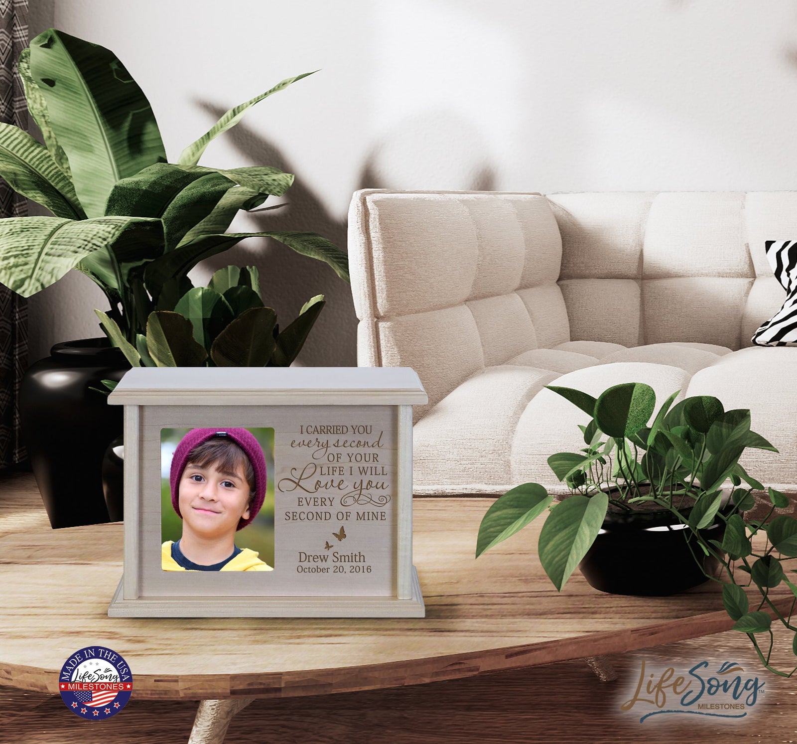 Memorial Wooden Cremation Urn with Custom Photograph
