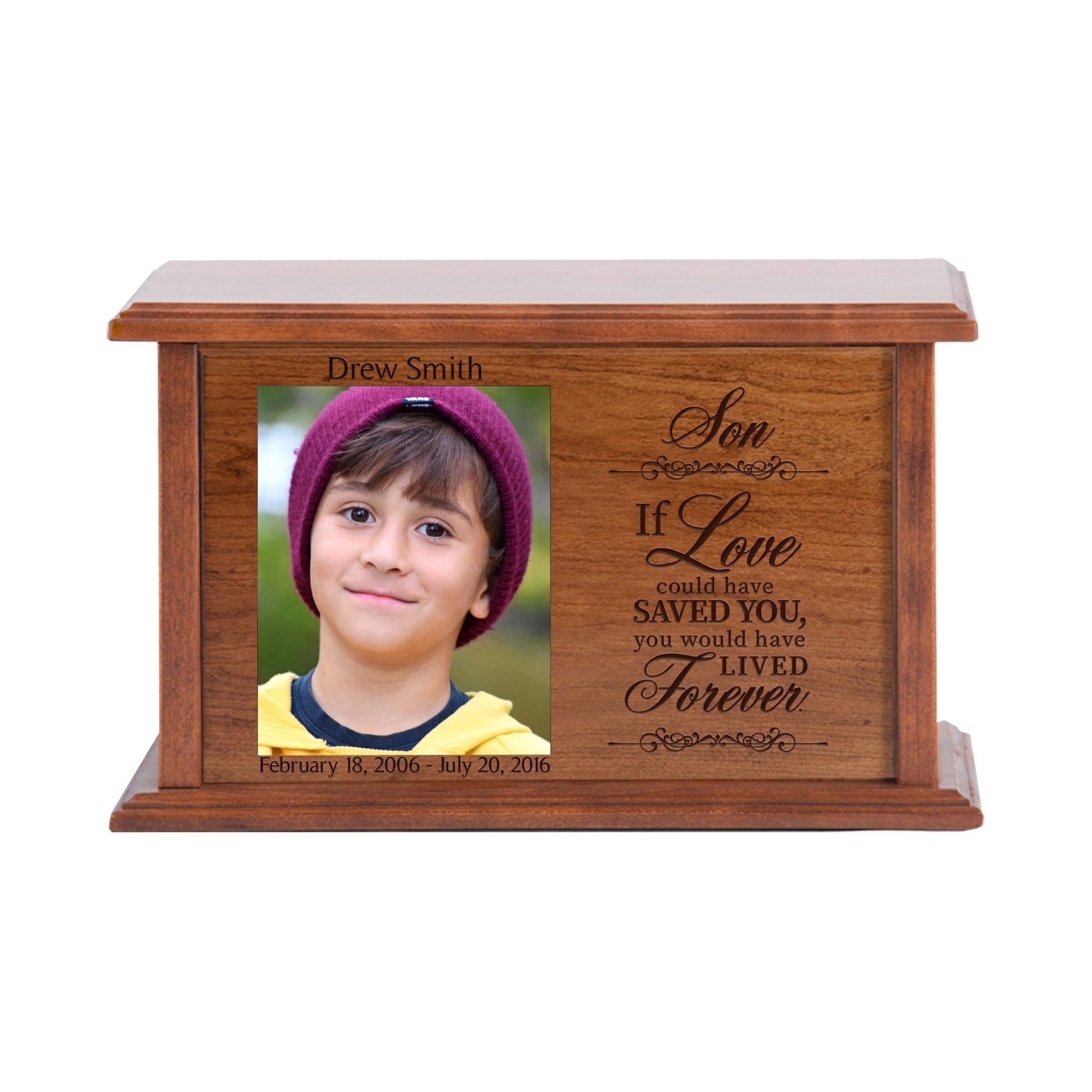 Custom Memorial Urn Box holds 4x5 photo and 260 cu in Son, If Love Could - LifeSong Milestones