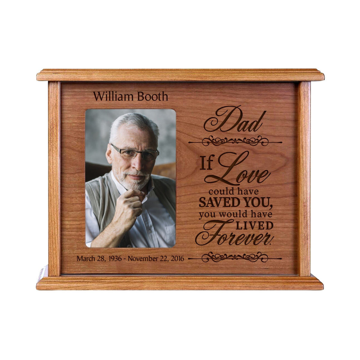 Custom Memorial Urn with Picture Frame holds 200 cu.in and 4x6 Photo Dad, If Love Could - LifeSong Milestones