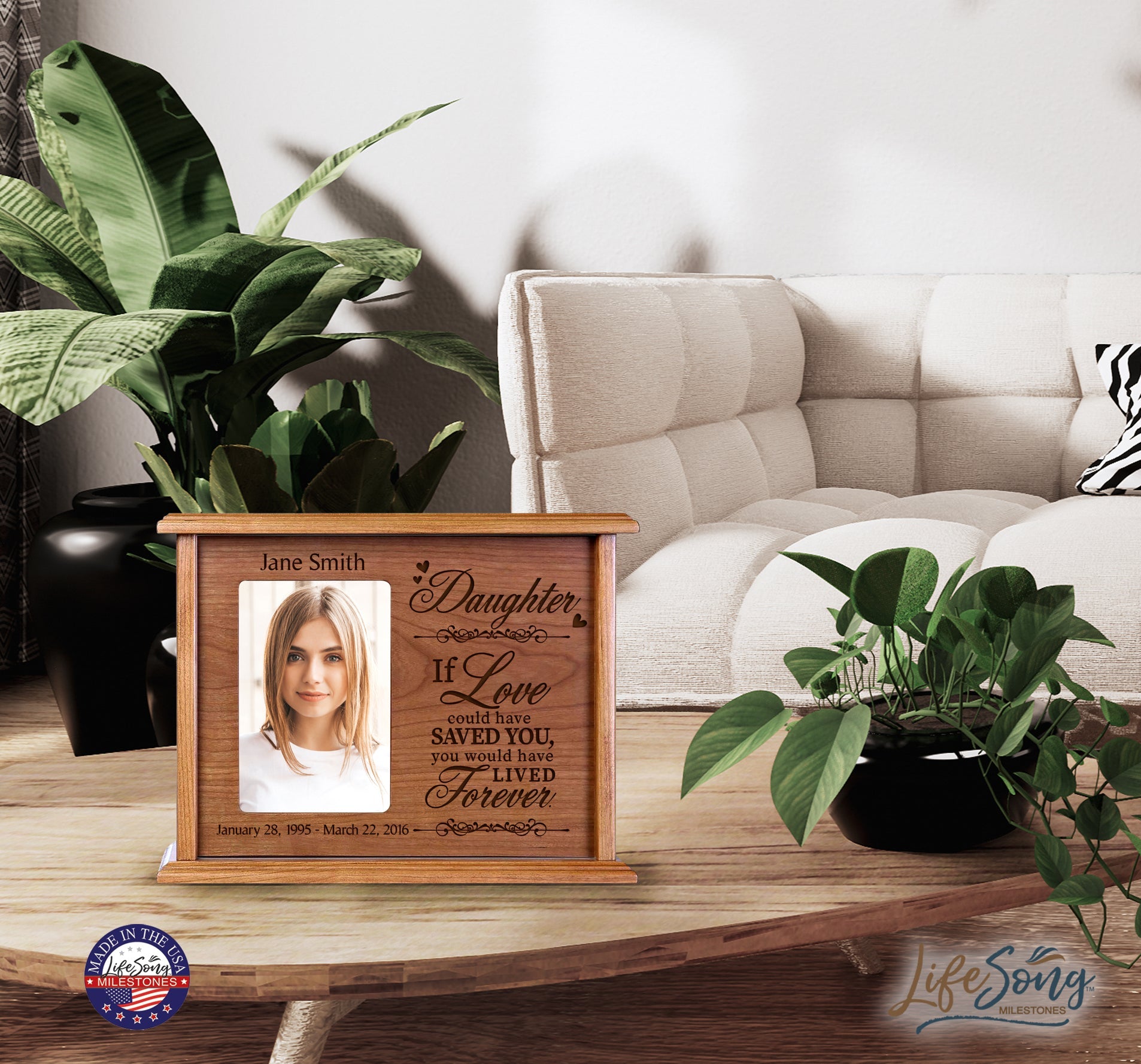 Custom Memorial Urn with Picture Frame holds 200 cu.in and 4x6 Photo Daughter, If Love Could - LifeSong Milestones
