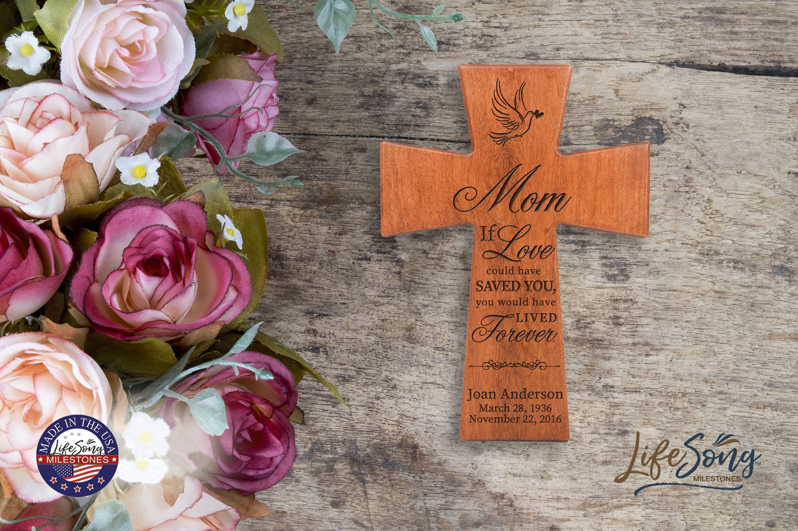 Custom Memorial Wooden Cross 12x17 Mom, If Love Could - LifeSong Milestones