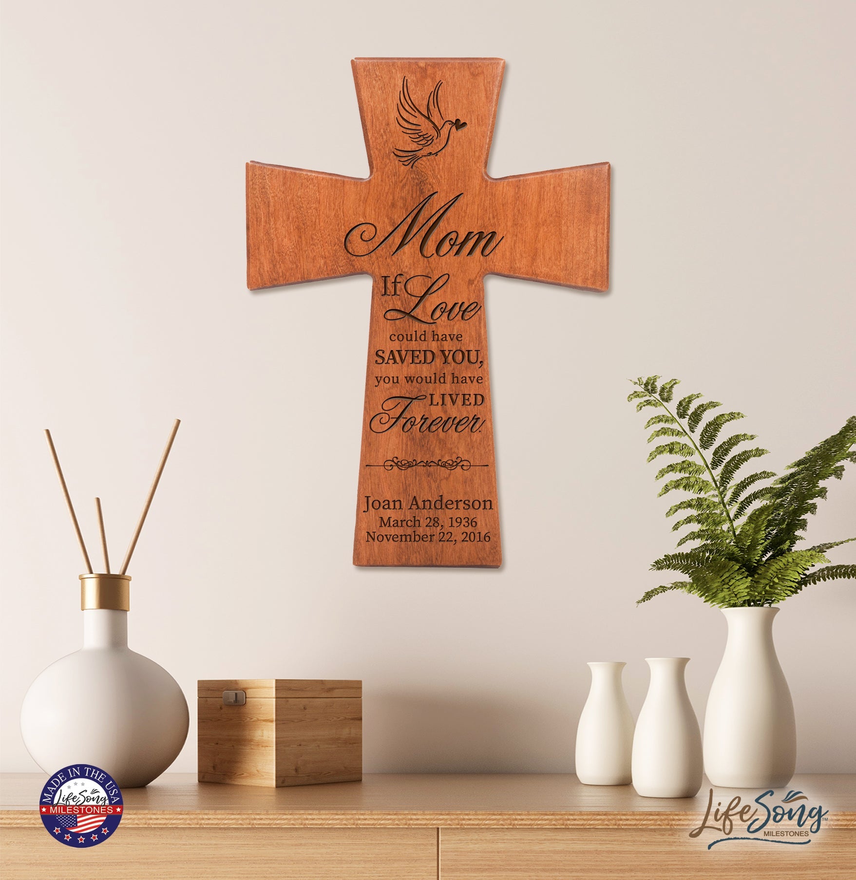 Custom Memorial Wooden Cross 12x17 Mom, If Love Could - LifeSong Milestones