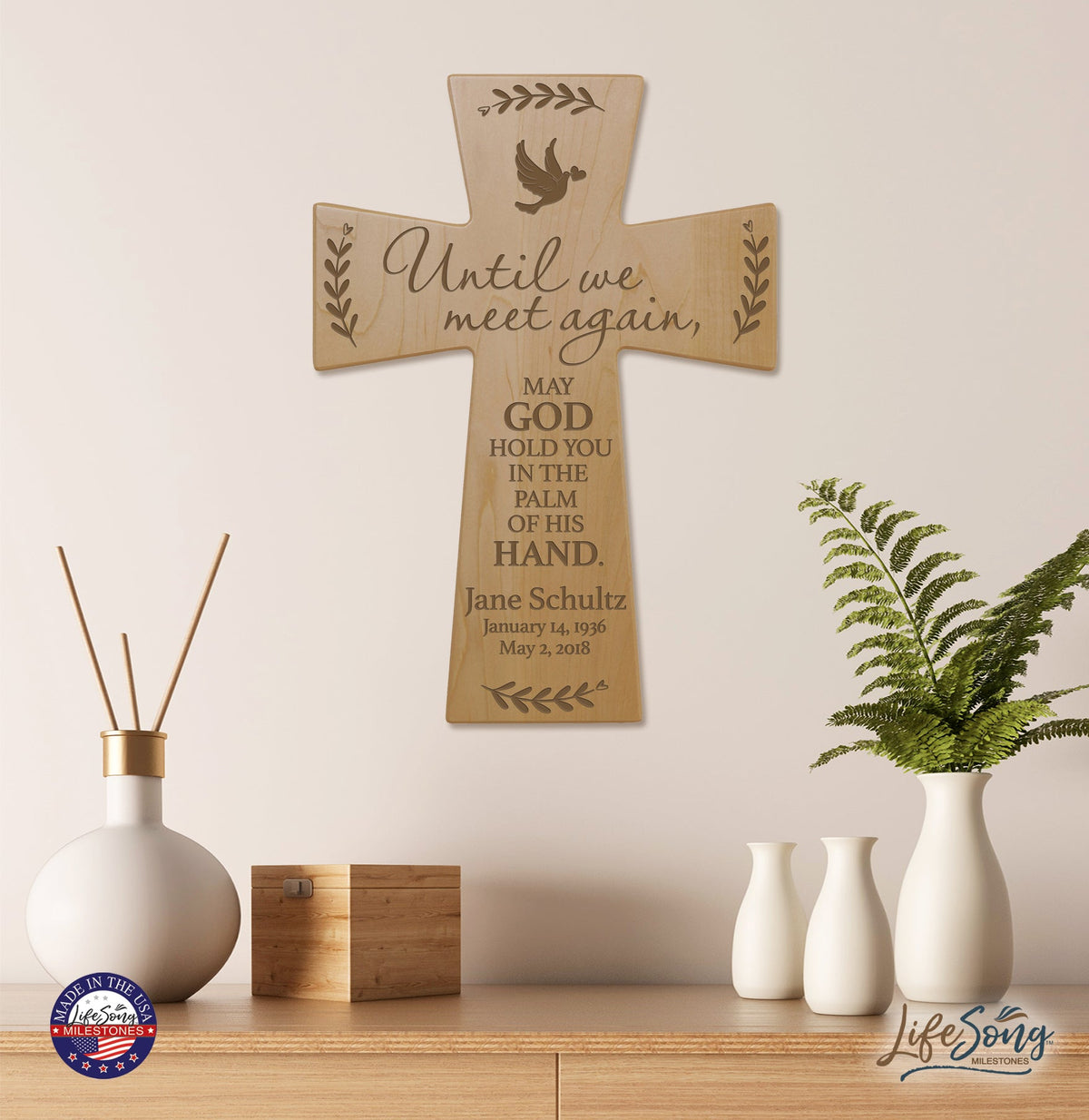 Custom Memorial Wooden Cross 12x17 Until We Meet Again - LifeSong Milestones