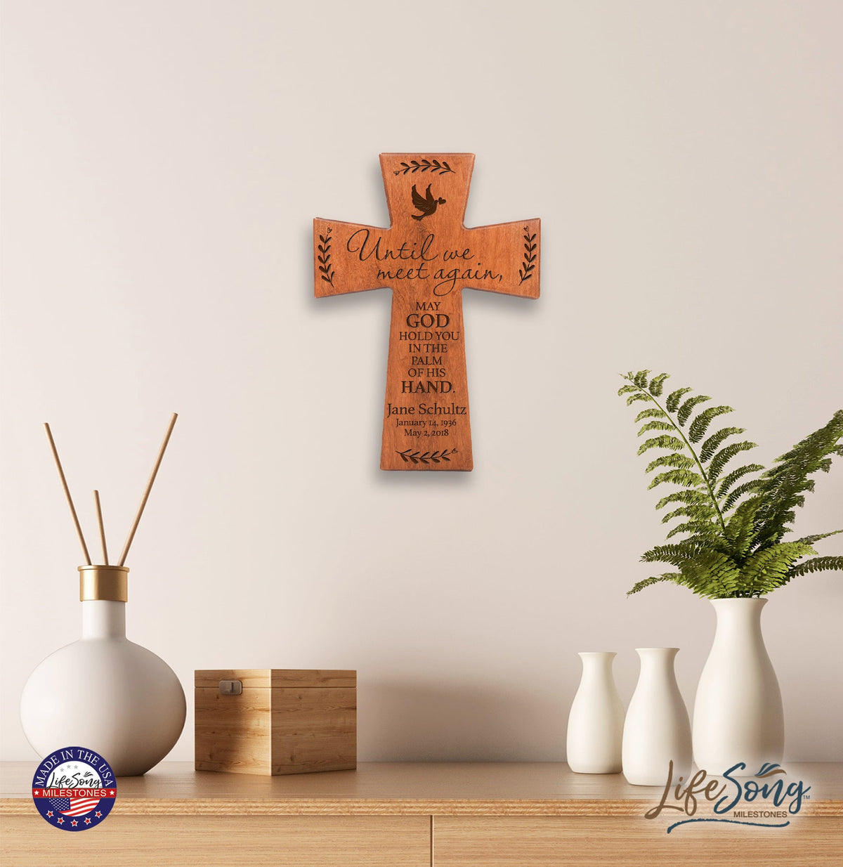 Custom Memorial Wooden Cross 12x17 Until We Meet Again - LifeSong Milestones
