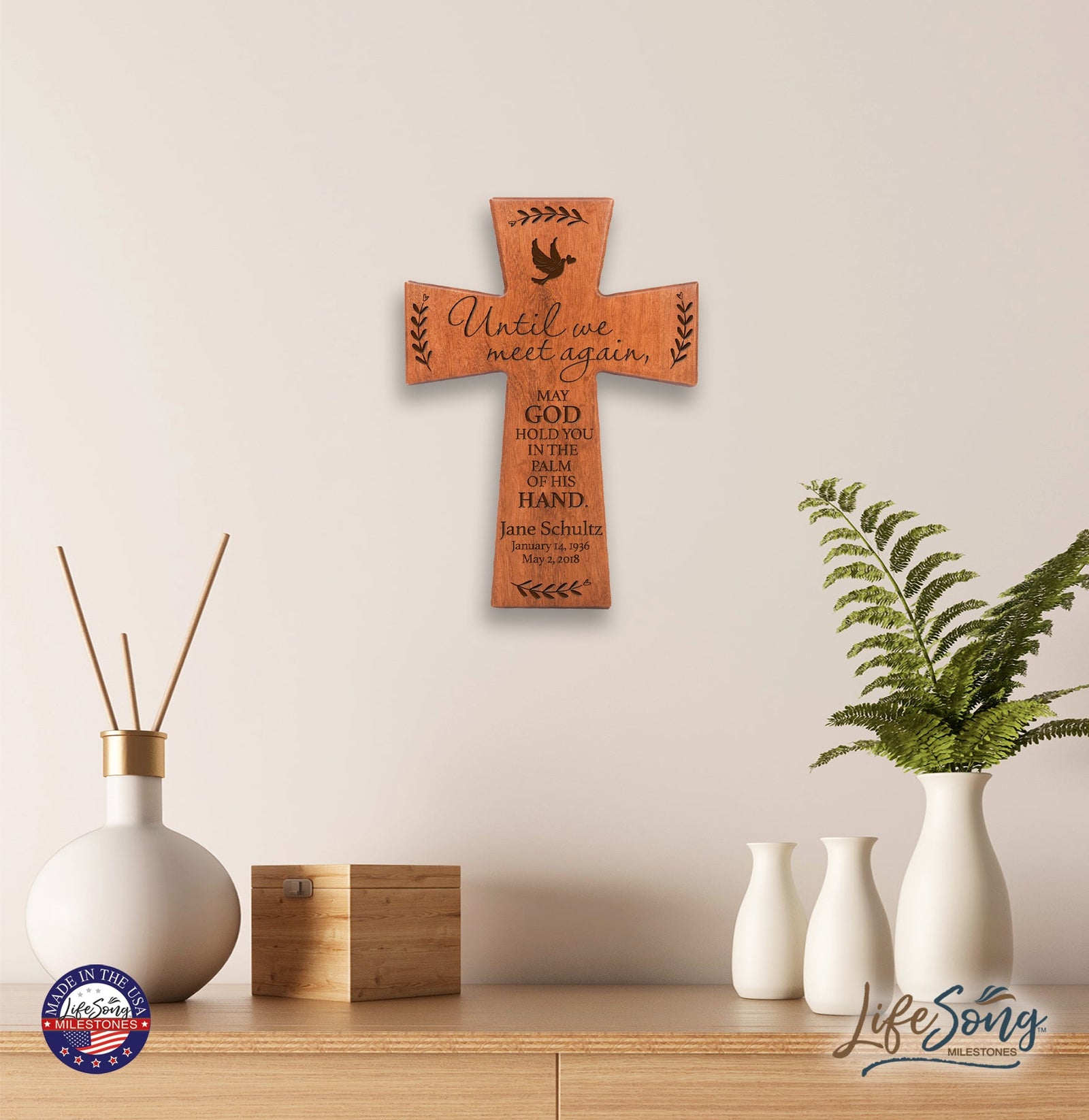 Custom Memorial Wooden Cross 12x17 Until We Meet Again - LifeSong Milestones