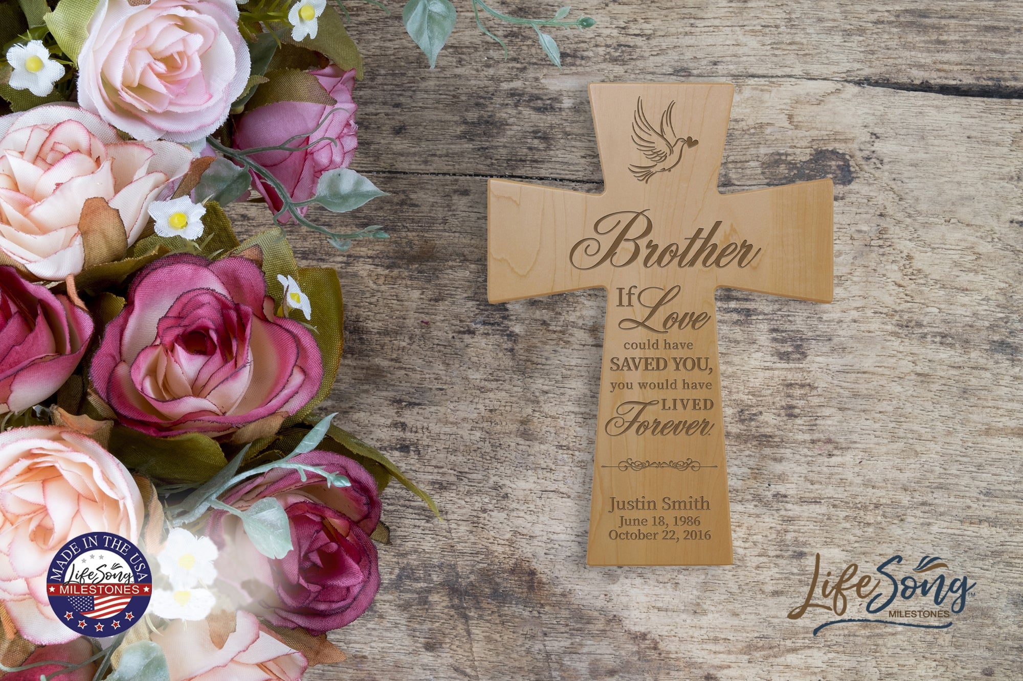 Custom Memorial Wooden Cross 7x11 Brother, If Love Could - LifeSong Milestones