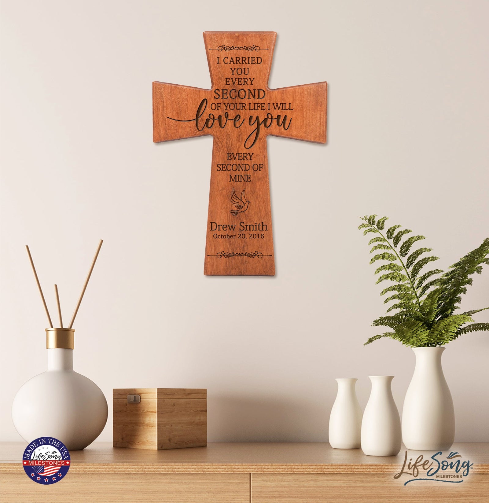 Custom Memorial Wooden Cross 7x11 I Carried You (Dove) - LifeSong Milestones