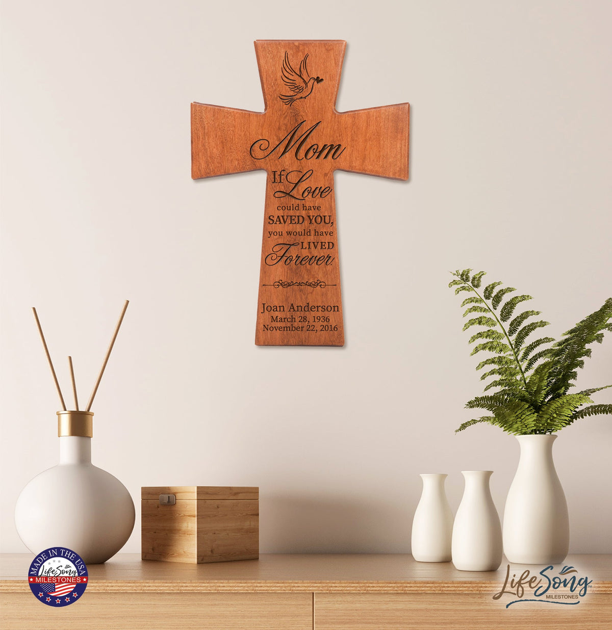 Custom Memorial Wooden Cross 7x11 Mom, If Love Could - LifeSong Milestones