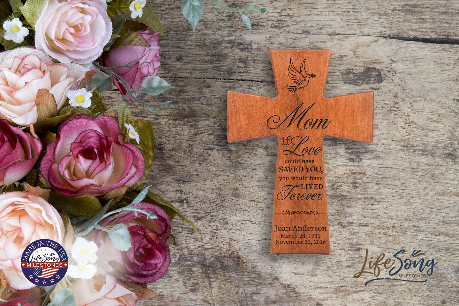 Custom Memorial Wooden Cross 7x11 Mom, If Love Could - LifeSong Milestones