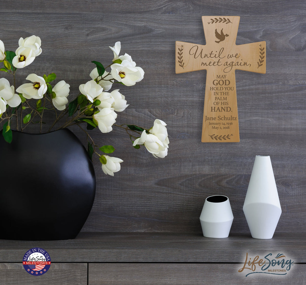 Custom Memorial Wooden Cross 7x11 Until We Meet Again - LifeSong Milestones
