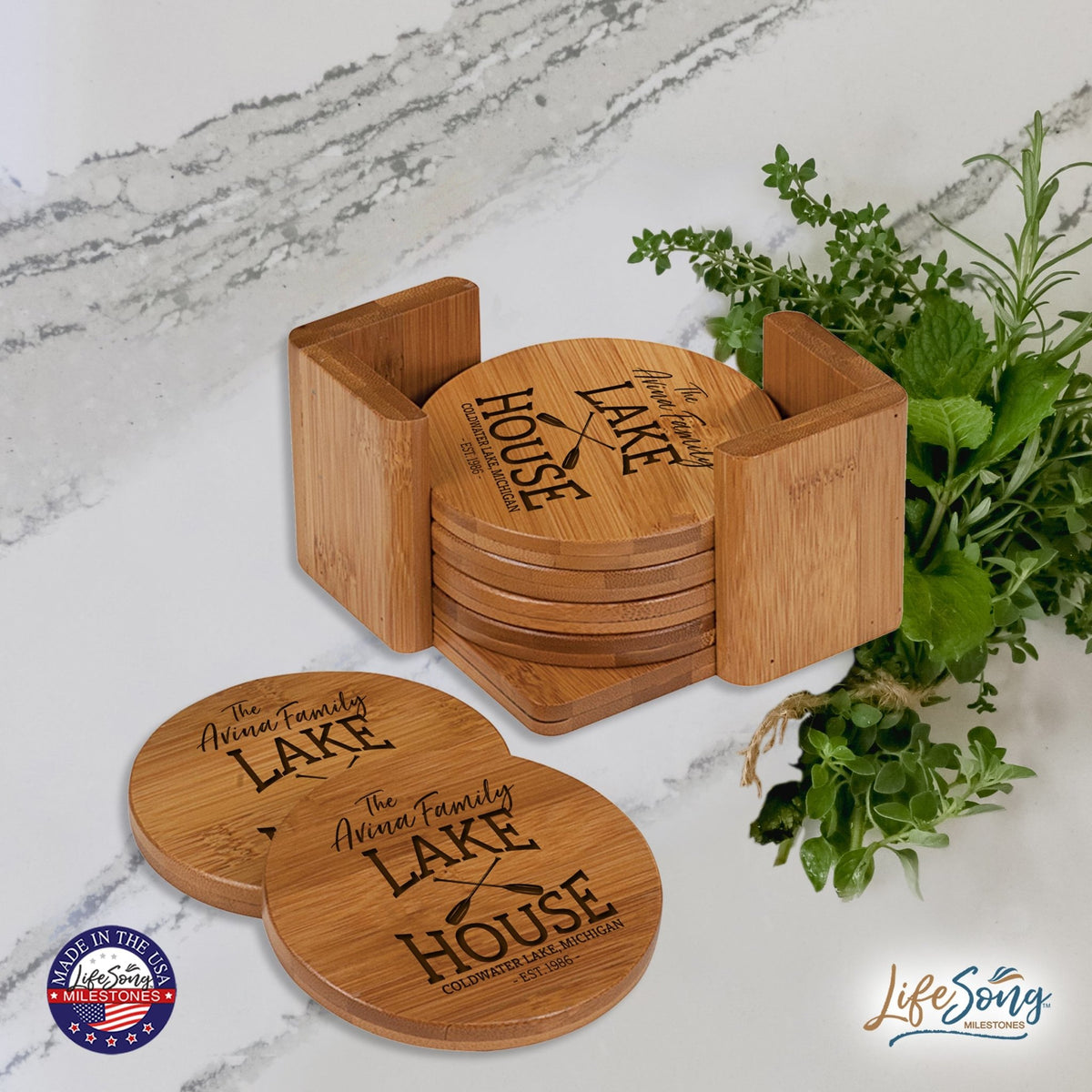 Custom Modern Inspirational 6pc Bamboo Coaster Set 4.5x4.5 Lake House (paddles) - LifeSong Milestones