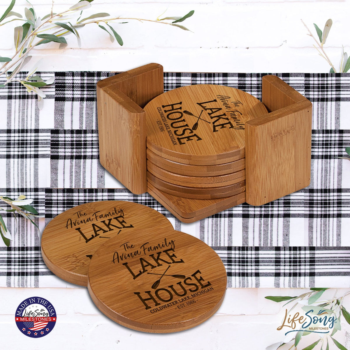 Custom Modern Inspirational 6pc Bamboo Coaster Set 4.5x4.5 Lake House (paddles) - LifeSong Milestones