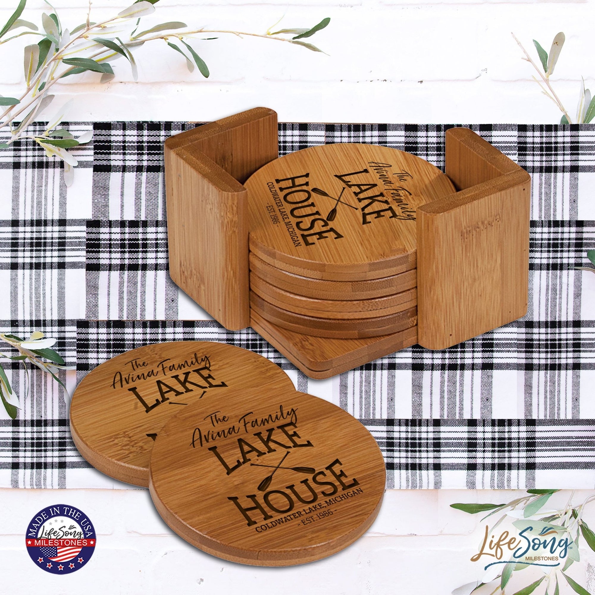 Custom Modern Inspirational 6pc Bamboo Coaster Set 4.5x4.5 Lake House (paddles) - LifeSong Milestones