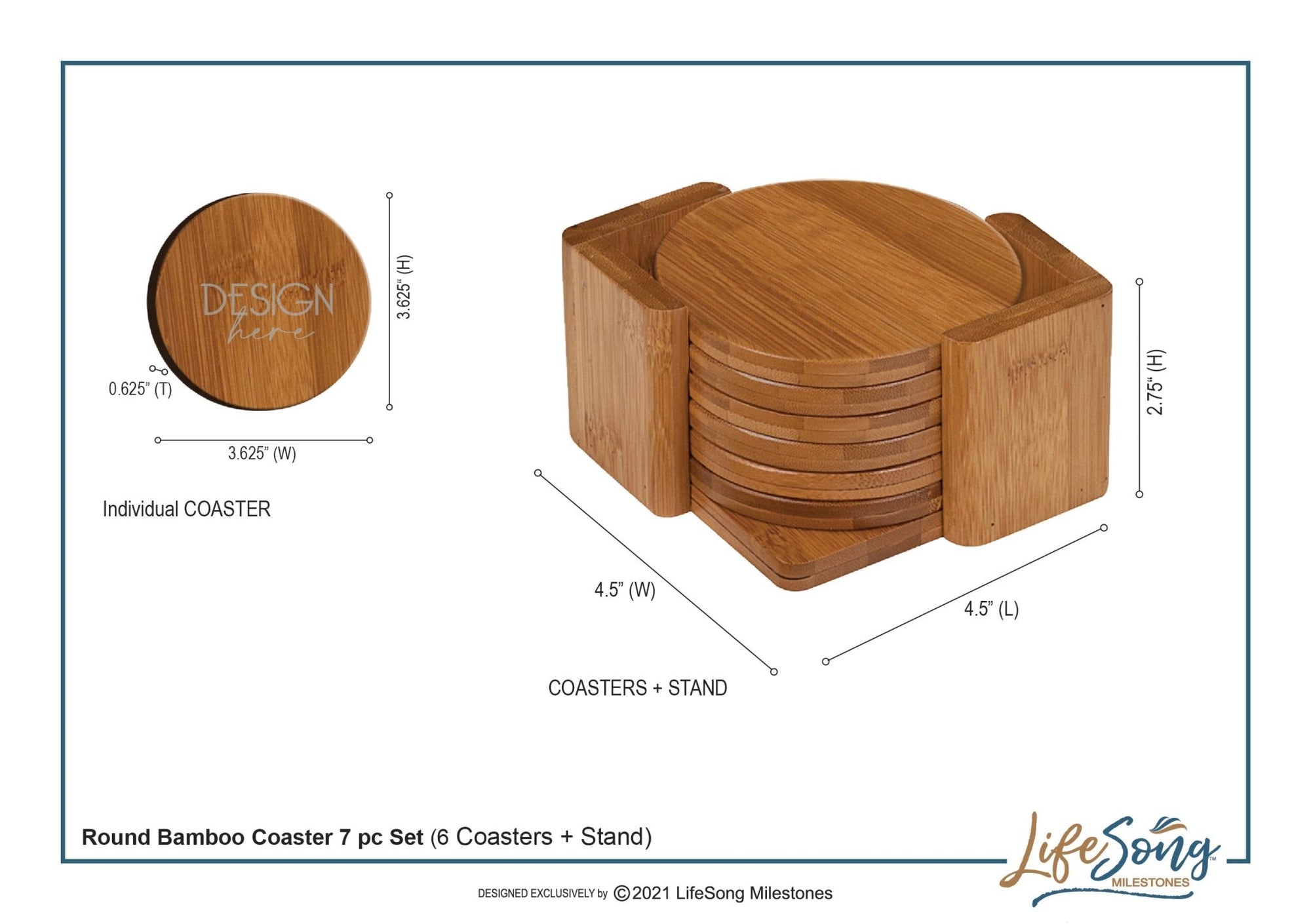 Custom Modern Inspirational 6pc Bamboo Coaster Set 4.5x4.5 Last Name, Year - LifeSong Milestones