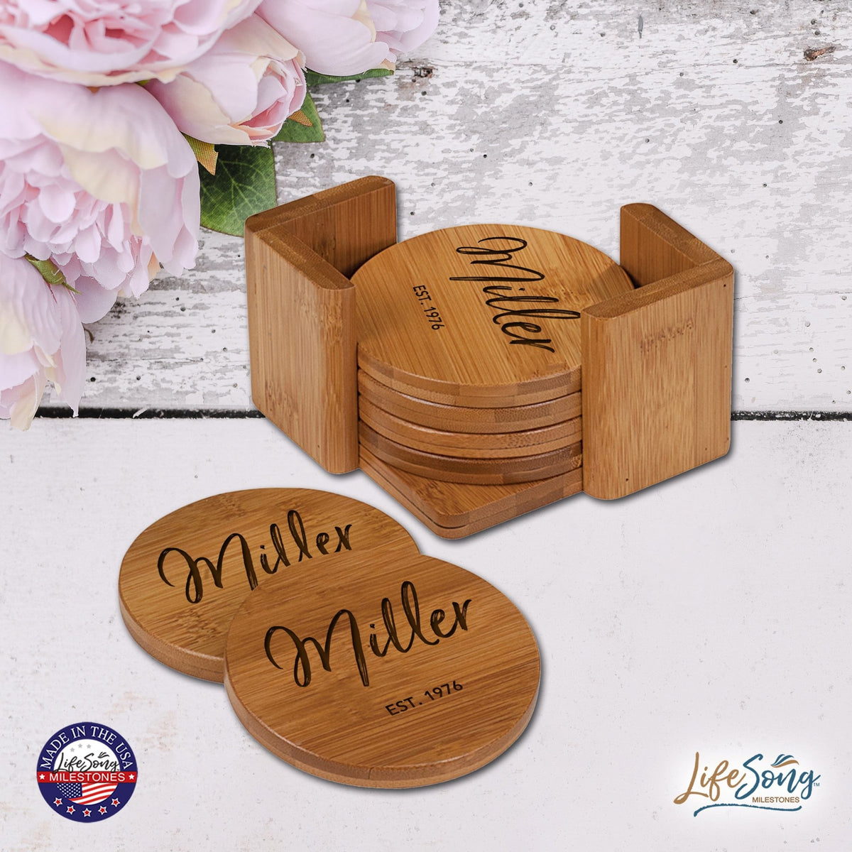 Custom Modern Inspirational 6pc Bamboo Coaster Set 4.5x4.5 Last Name, Year (circle) - LifeSong Milestones