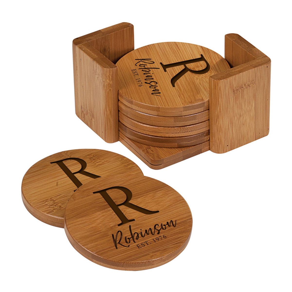 Custom Modern Inspirational 6pc Bamboo Coaster Set 4.5x4.5 Last Name, Year (circle) - LifeSong Milestones