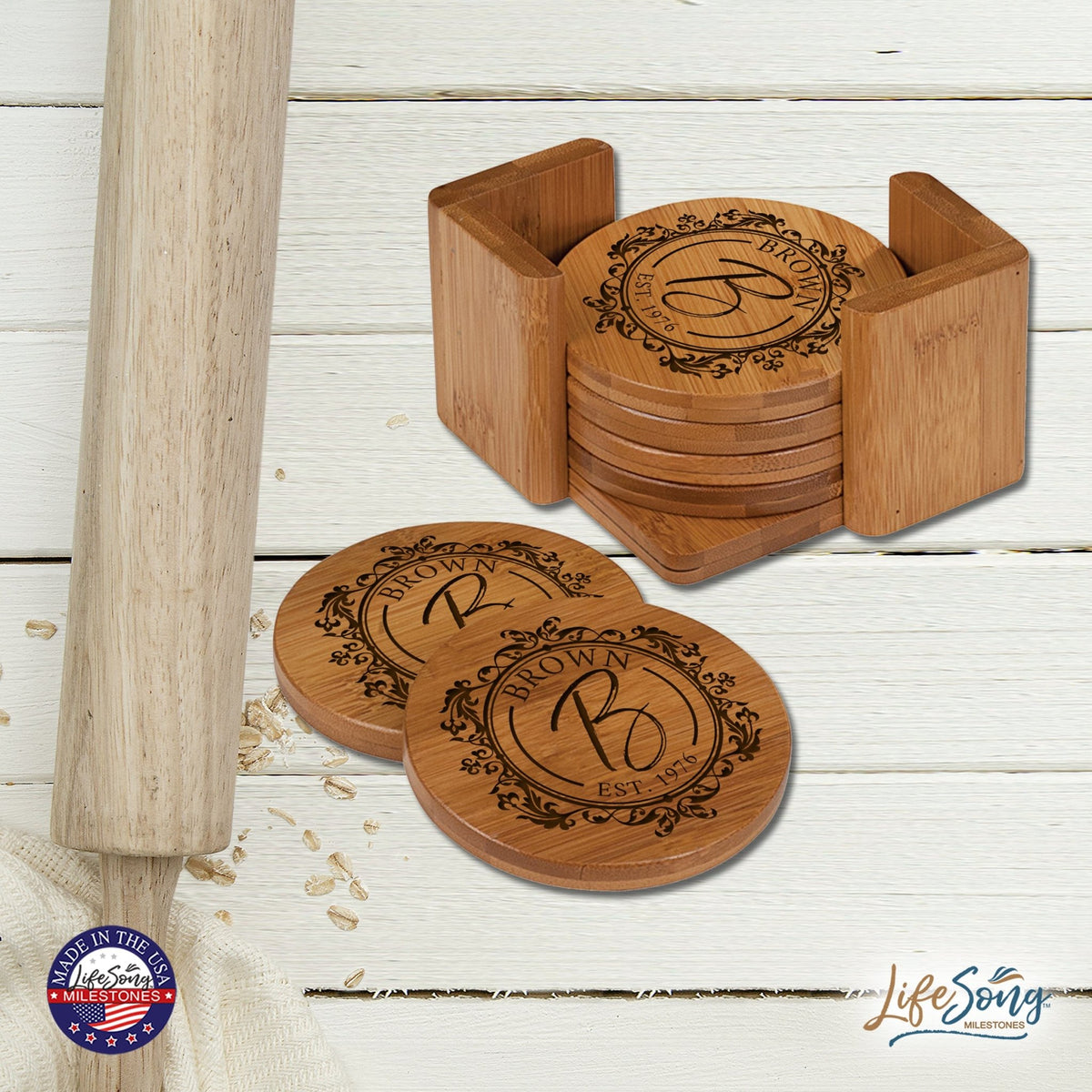 Custom Modern Inspirational 6pc Bamboo Coaster Set 4.5x4.5 Last Name, Year (circle) - LifeSong Milestones
