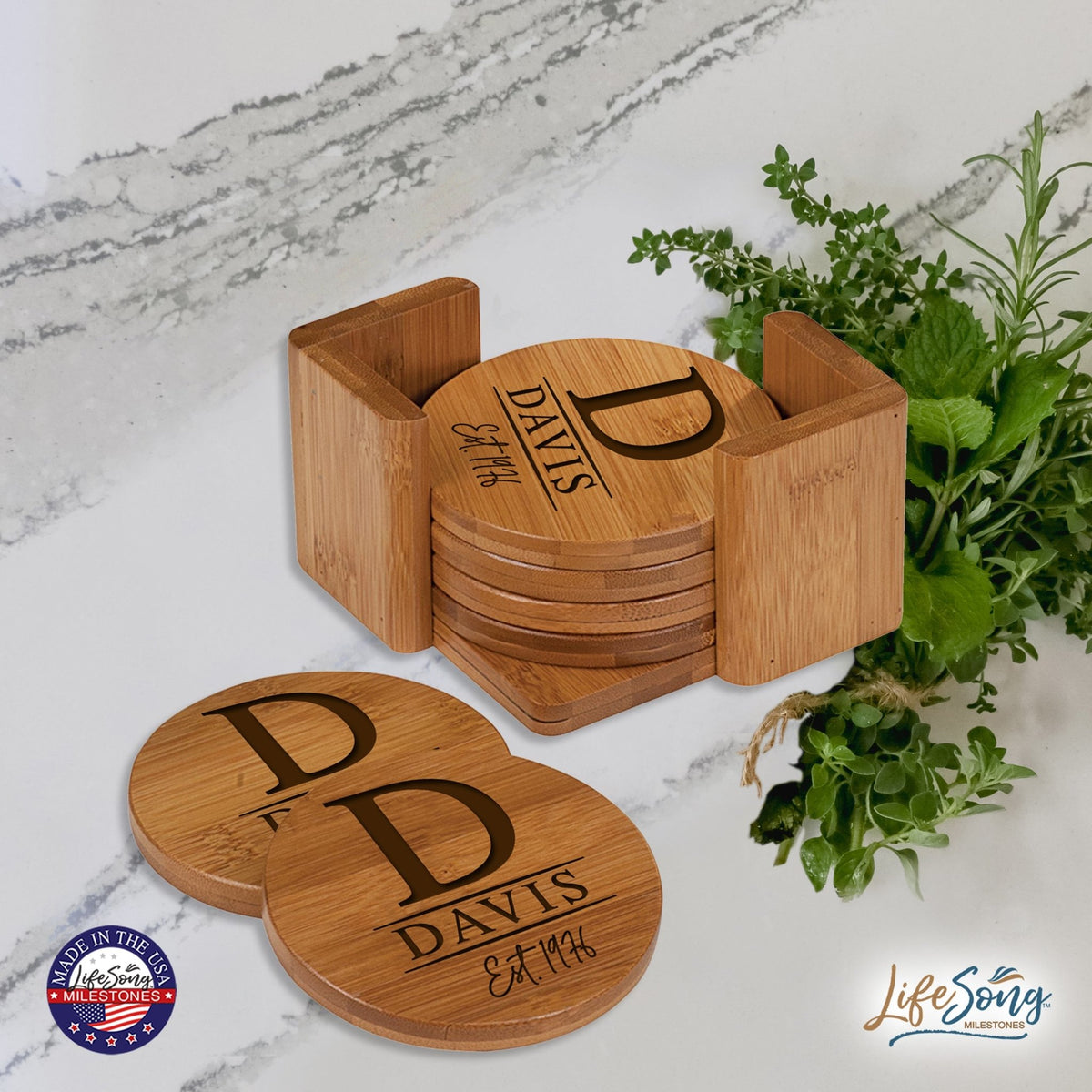 Custom Modern Inspirational 6pc Bamboo Coaster Set 4.5x4.5 Last Name, Year (circle) - LifeSong Milestones