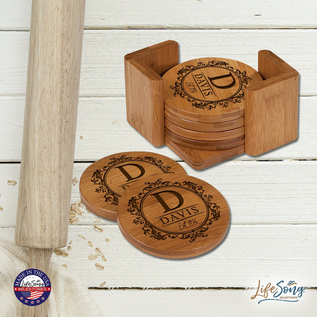 Custom Modern Inspirational 6pc Bamboo Coaster Set 4.5x4.5 Last Name, Year (circle) - LifeSong Milestones