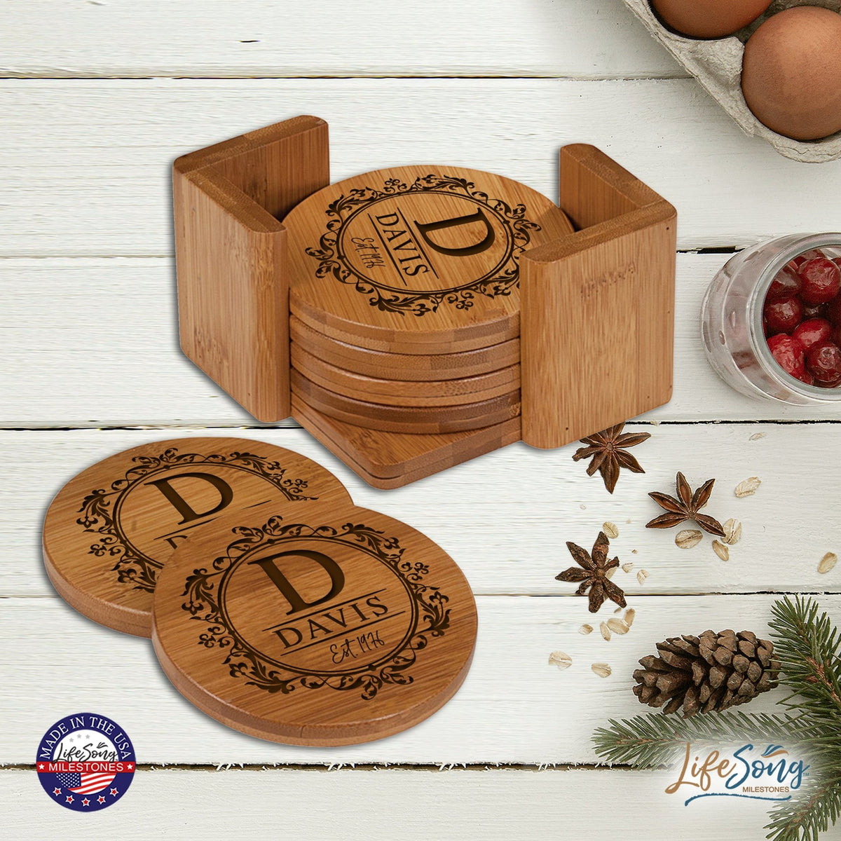 Custom Modern Inspirational 6pc Bamboo Coaster Set 4.5x4.5 Last Name, Year (circle) - LifeSong Milestones