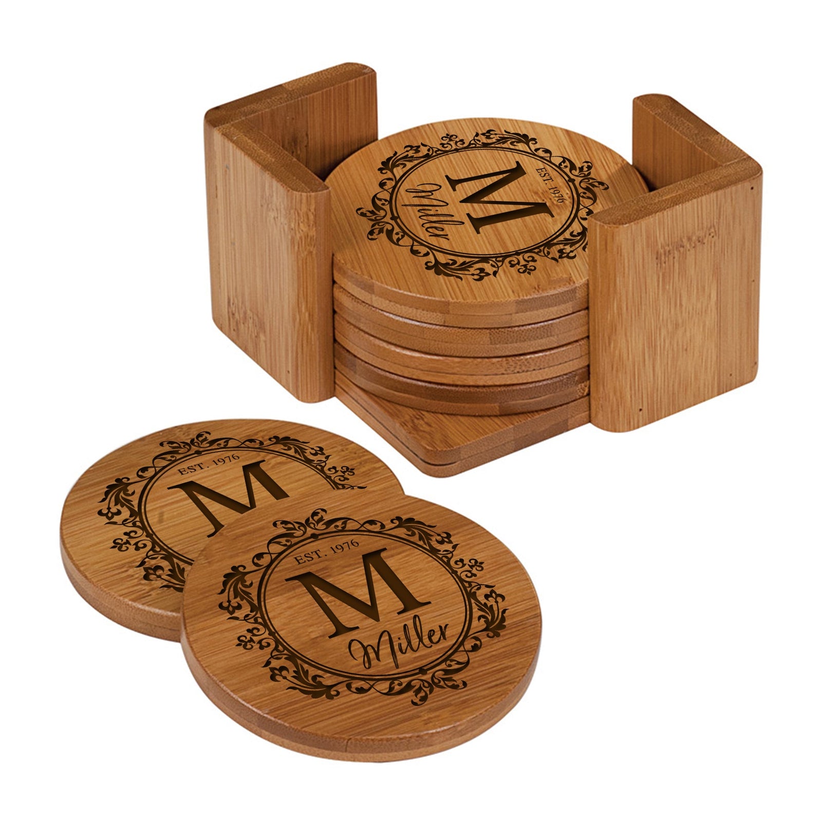 Custom Modern Inspirational 6pc Bamboo Coaster Set 4.5x4.5 Last Name, Year (circle) - LifeSong Milestones