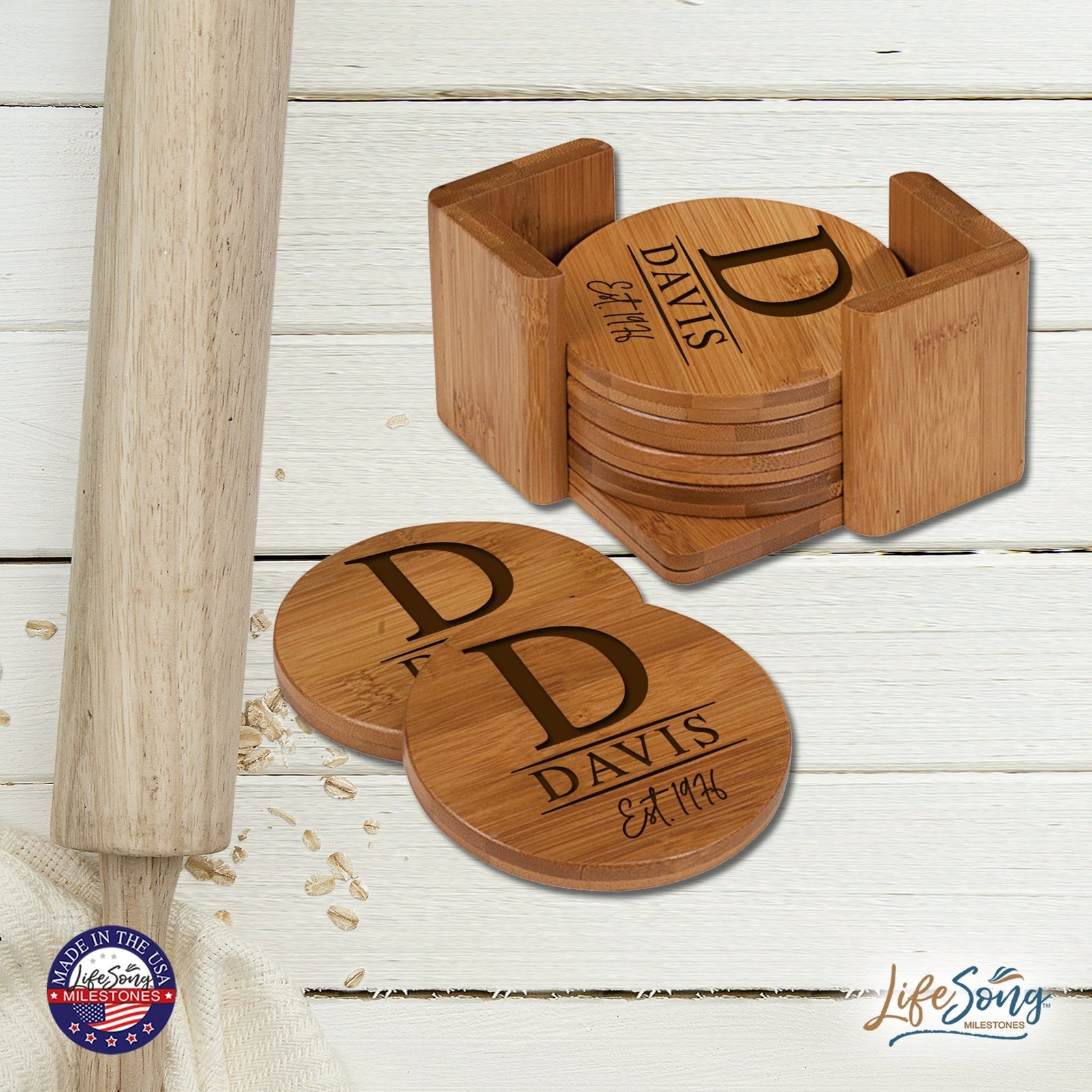 Custom Modern Inspirational 6pc Bamboo Coaster Set 4.5x4.5 Last Name, Year (circle) - LifeSong Milestones