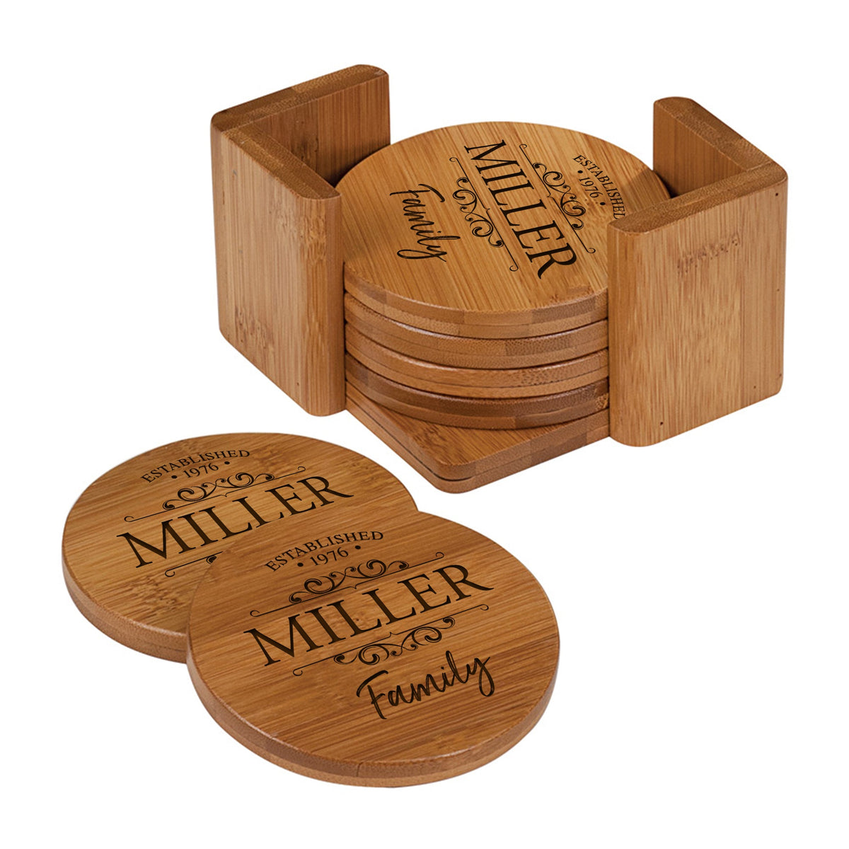 Custom Modern Inspirational 6pc Bamboo Coaster Set 4.5x4.5 Last Name, Year (circle) - LifeSong Milestones