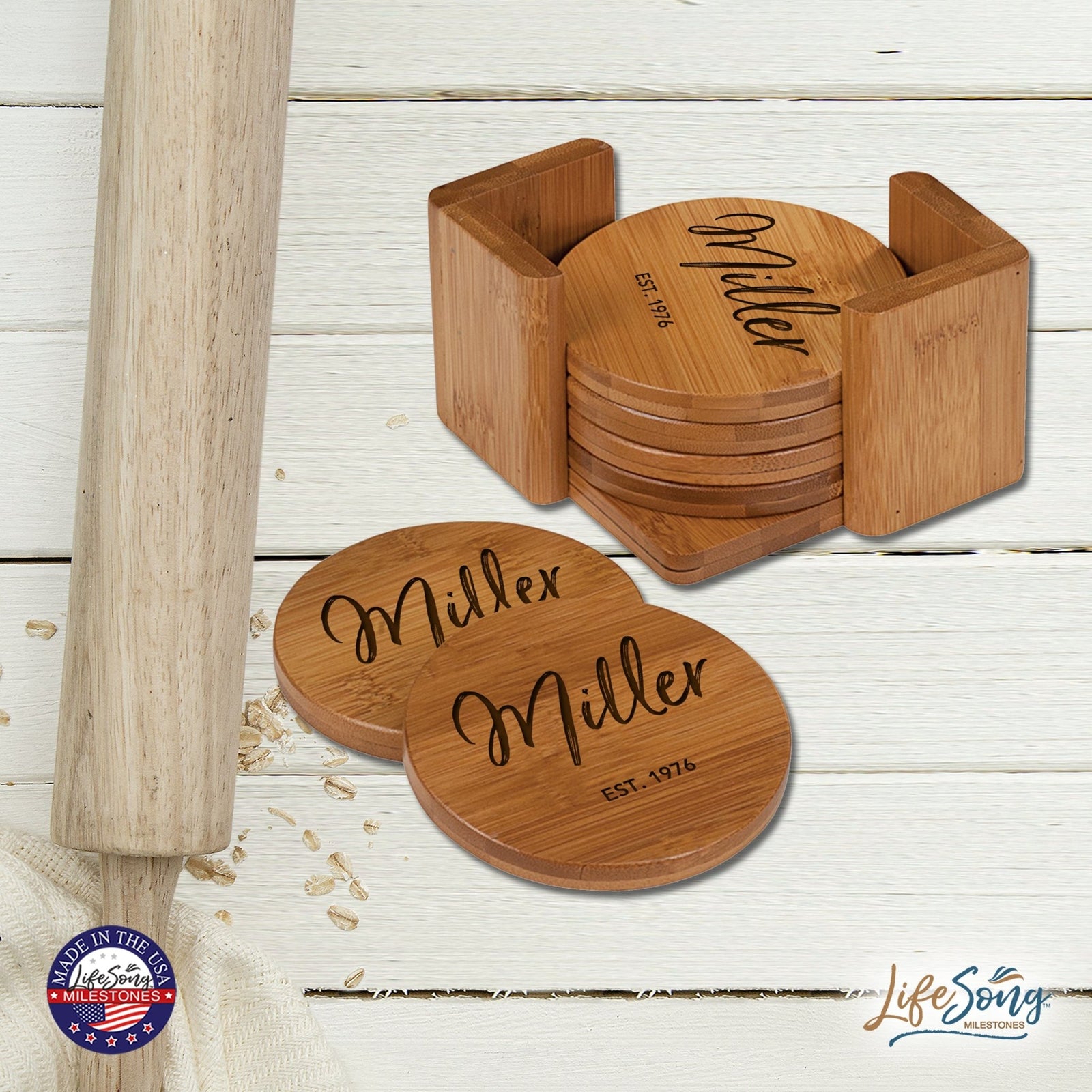 Custom Modern Inspirational 6pc Bamboo Coaster Set 4.5x4.5 Last Name, Year (circle) - LifeSong Milestones