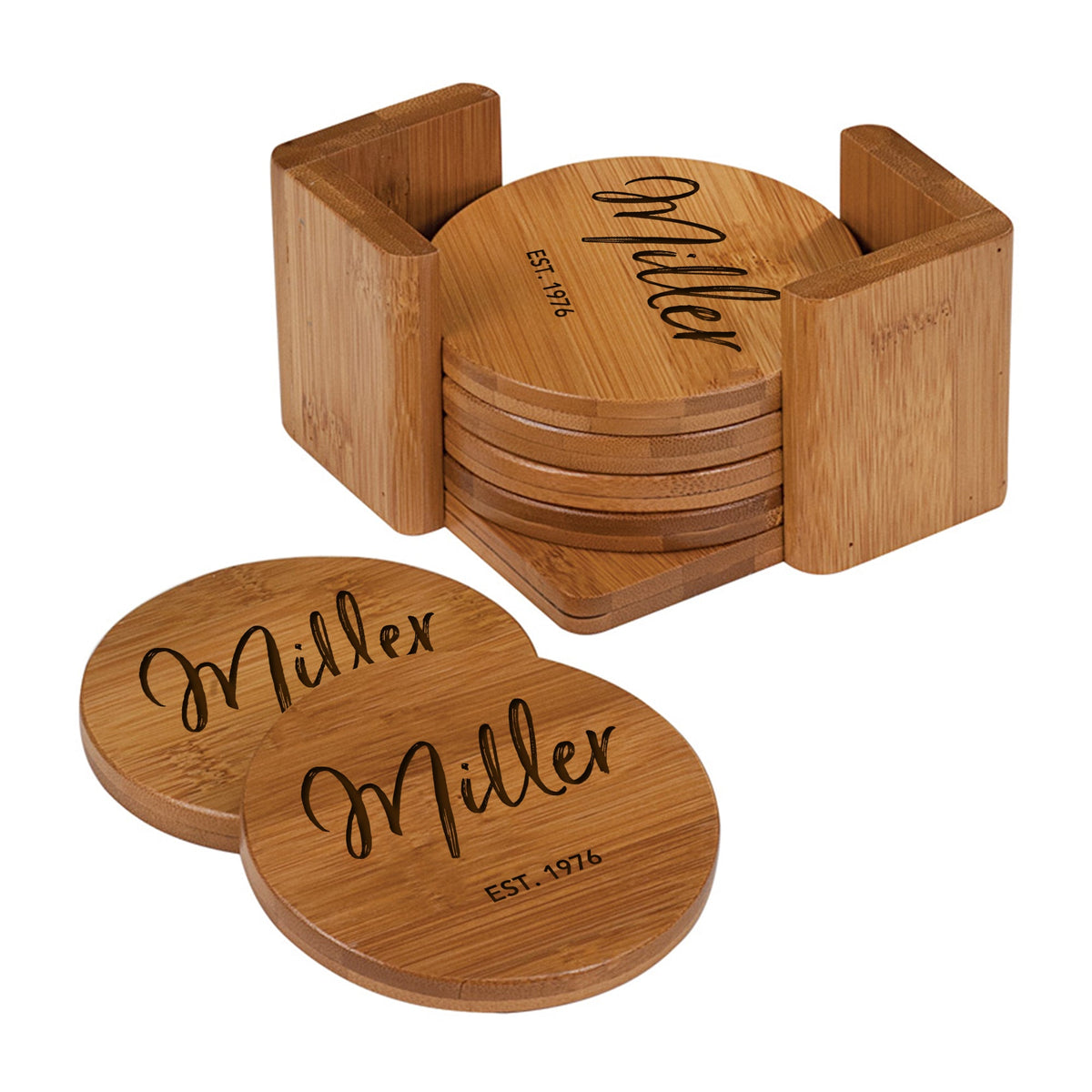 Custom Modern Inspirational 6pc Bamboo Coaster Set 4.5x4.5 Last Name, Year (circle) - LifeSong Milestones