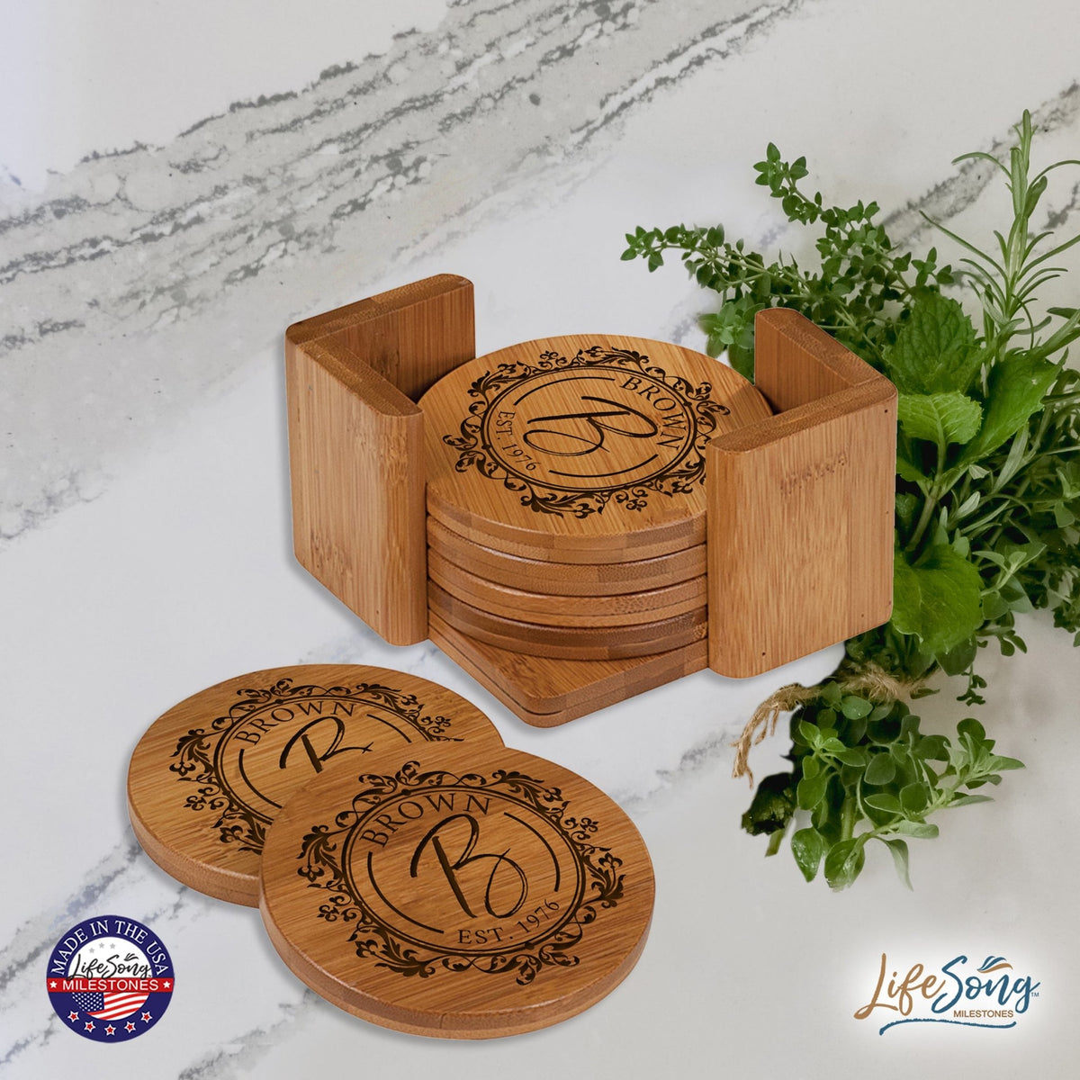 Custom Modern Inspirational 6pc Bamboo Coaster Set 4.5x4.5 Last Name, Year (circle) - LifeSong Milestones