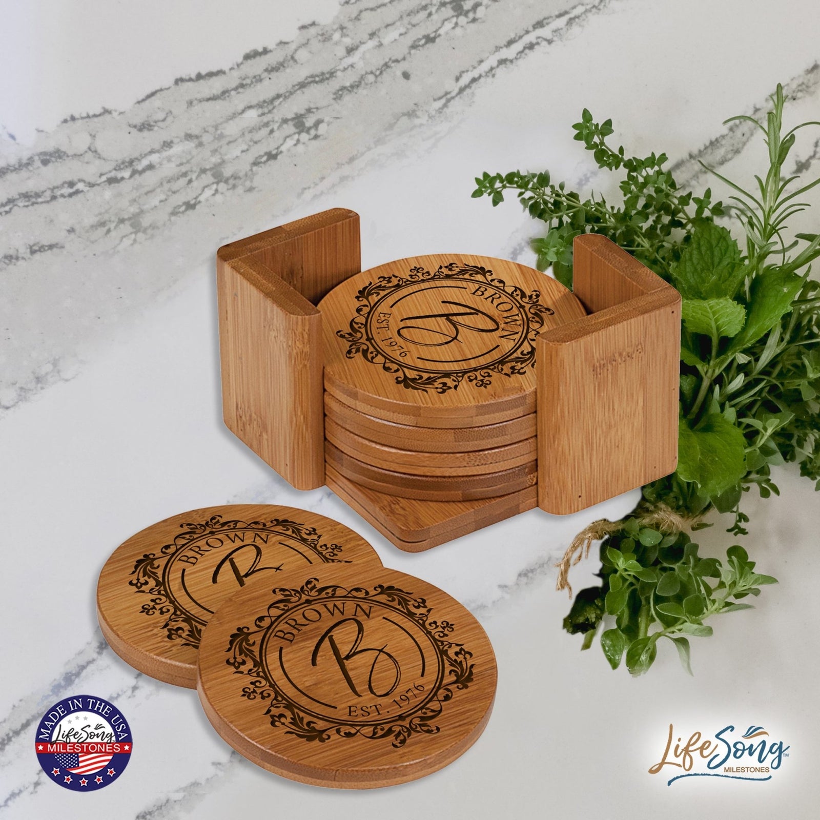 Custom Modern Inspirational 6pc Bamboo Coaster Set 4.5x4.5 Last Name, Year (circle) - LifeSong Milestones