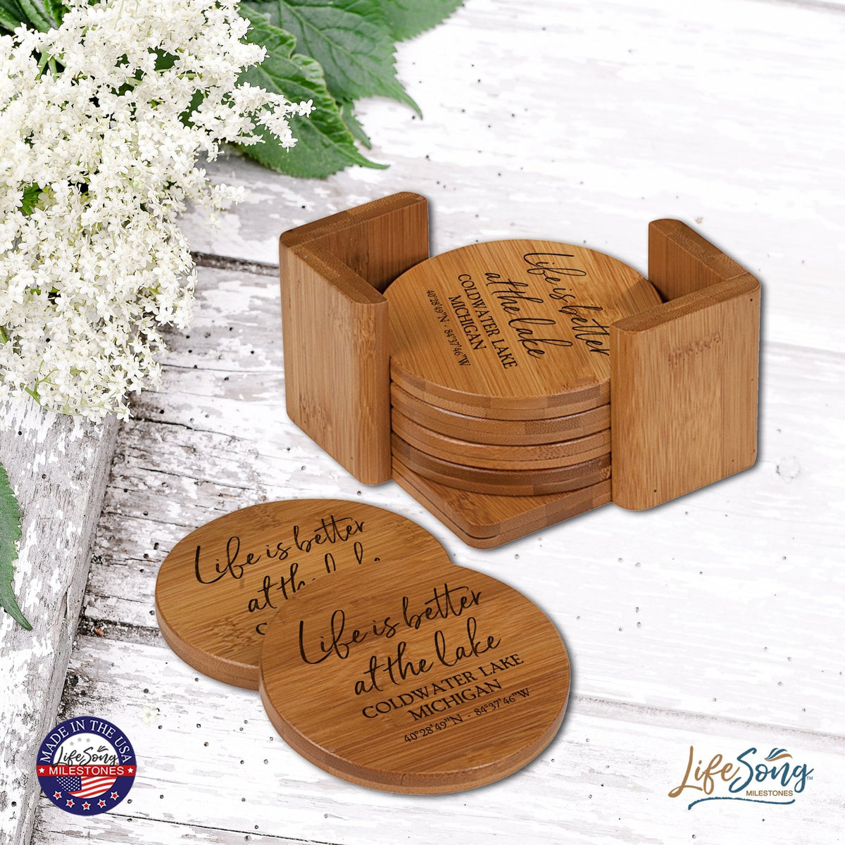 Custom Modern Inspirational 6pc Bamboo Coaster Set 4.5x4.5 Life Is Better - LifeSong Milestones