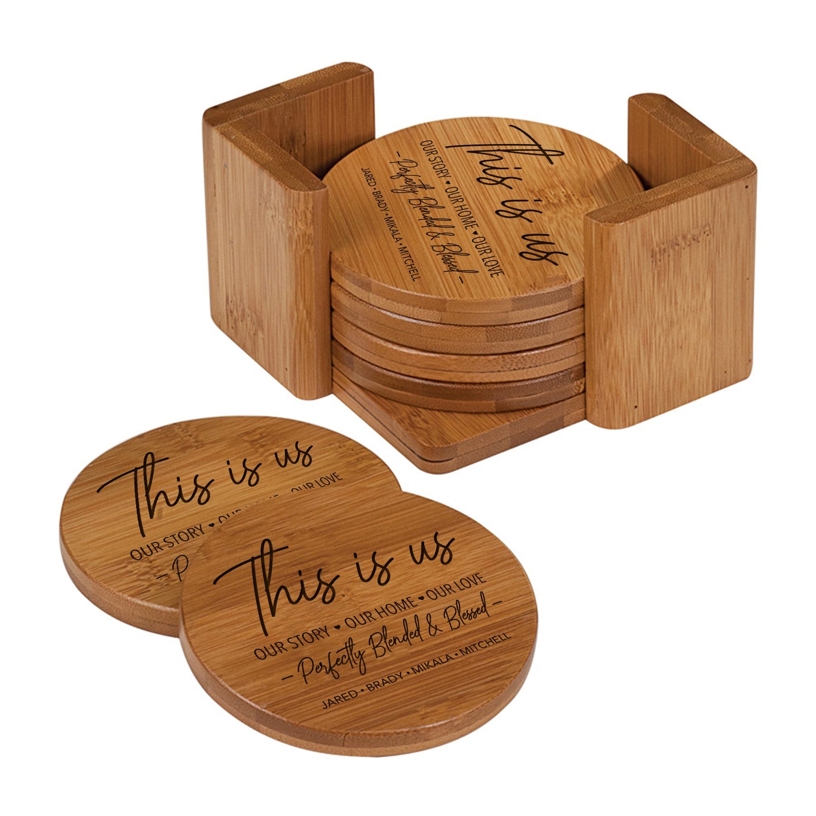 Custom Modern Inspirational 6pc Bamboo Coaster Set 4.5x4.5 Perfectly Blended & Blessed - LifeSong Milestones