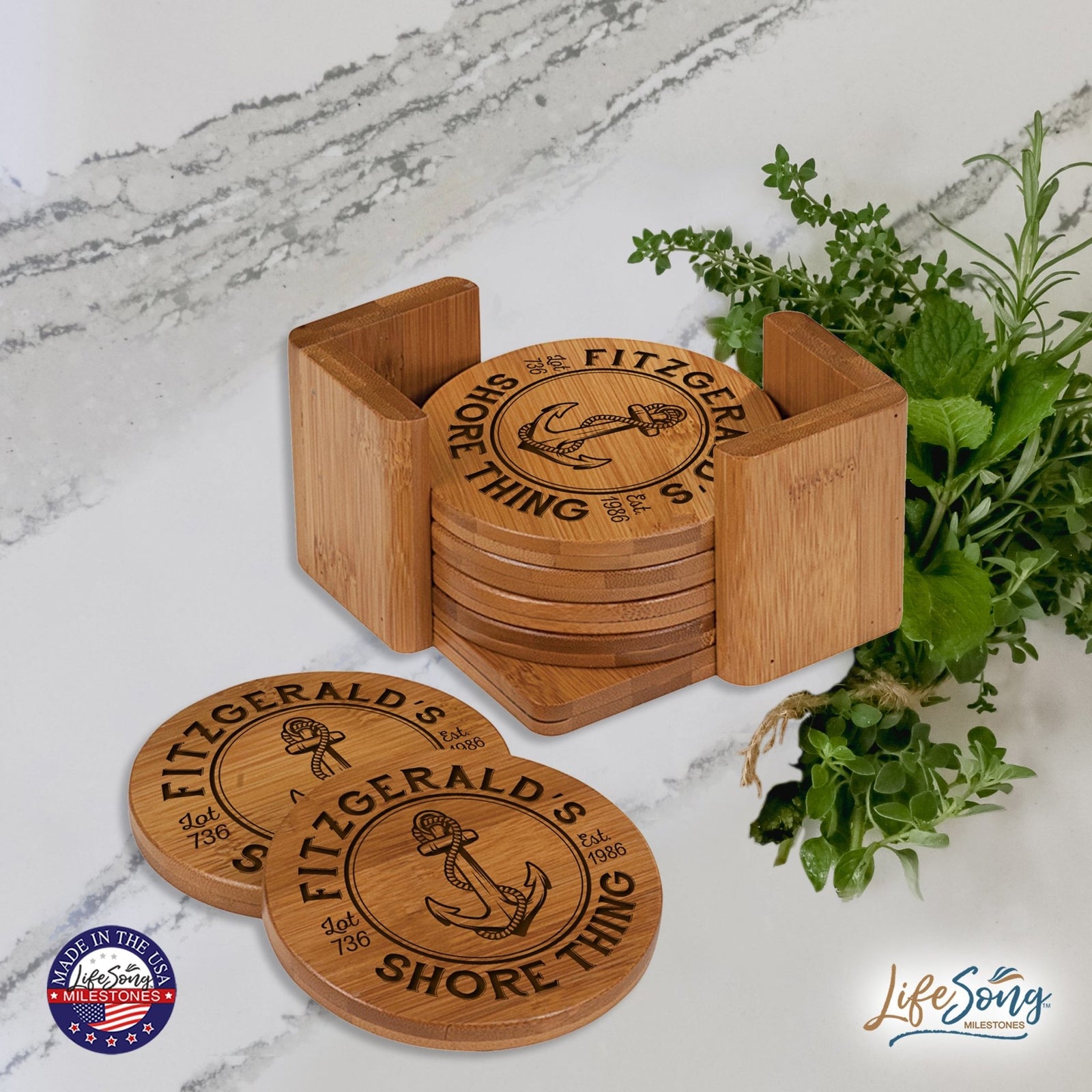 Custom Modern Inspirational 6pc Bamboo Coaster Set 4.5x4.5 Shore Thing - LifeSong Milestones