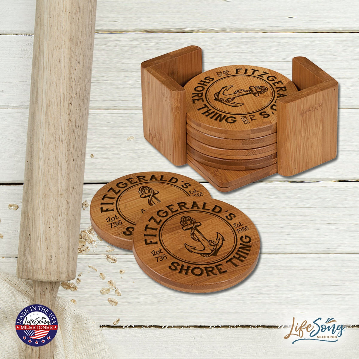 Custom Modern Inspirational 6pc Bamboo Coaster Set 4.5x4.5 Shore Thing - LifeSong Milestones