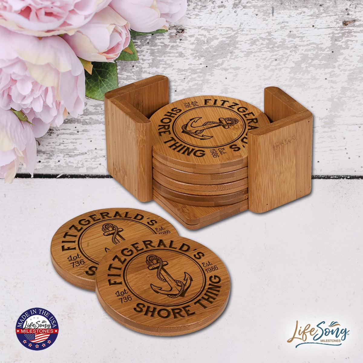 Custom Modern Inspirational 6pc Bamboo Coaster Set 4.5x4.5 Shore Thing - LifeSong Milestones