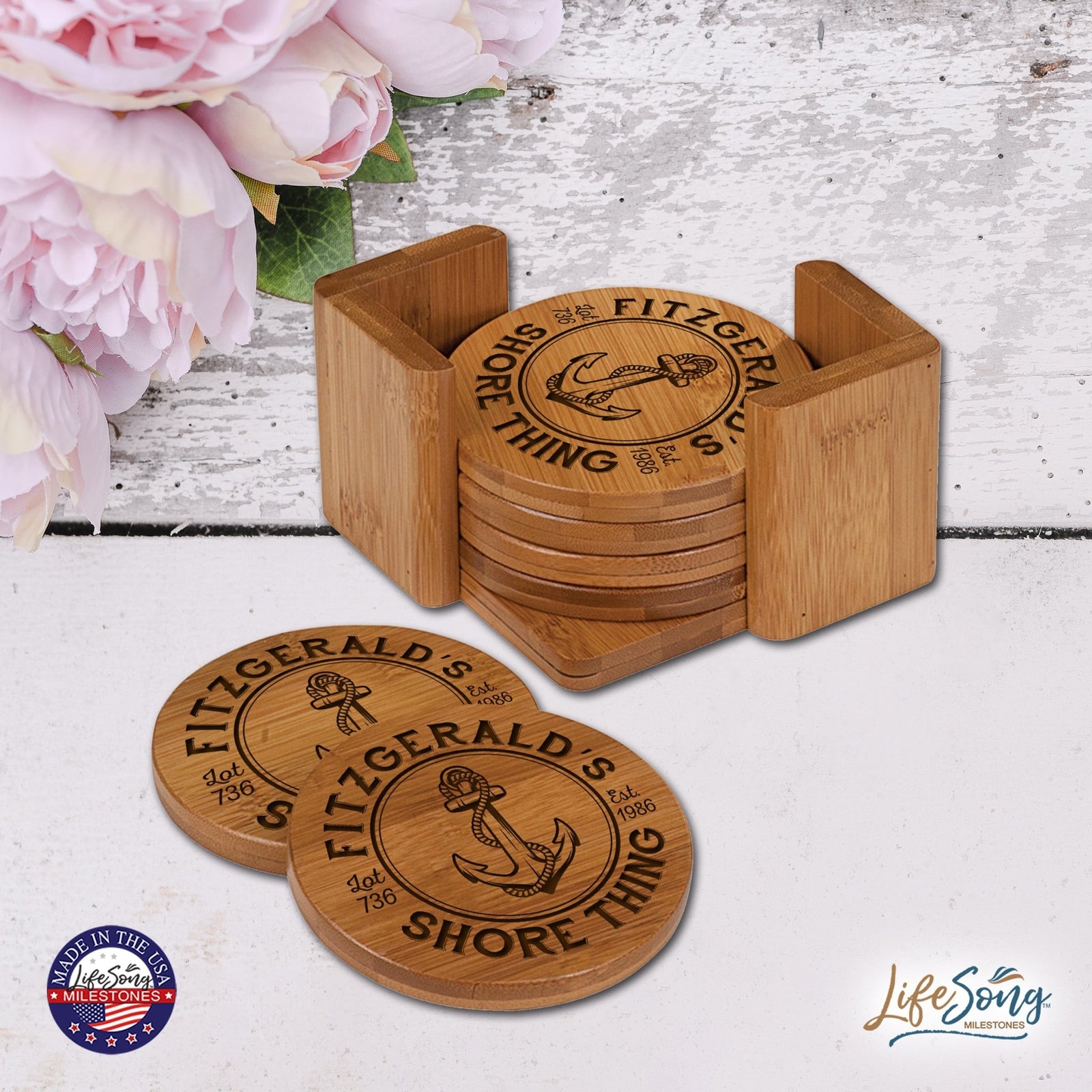 Custom Modern Inspirational 6pc Bamboo Coaster Set 4.5x4.5 Shore Thing - LifeSong Milestones