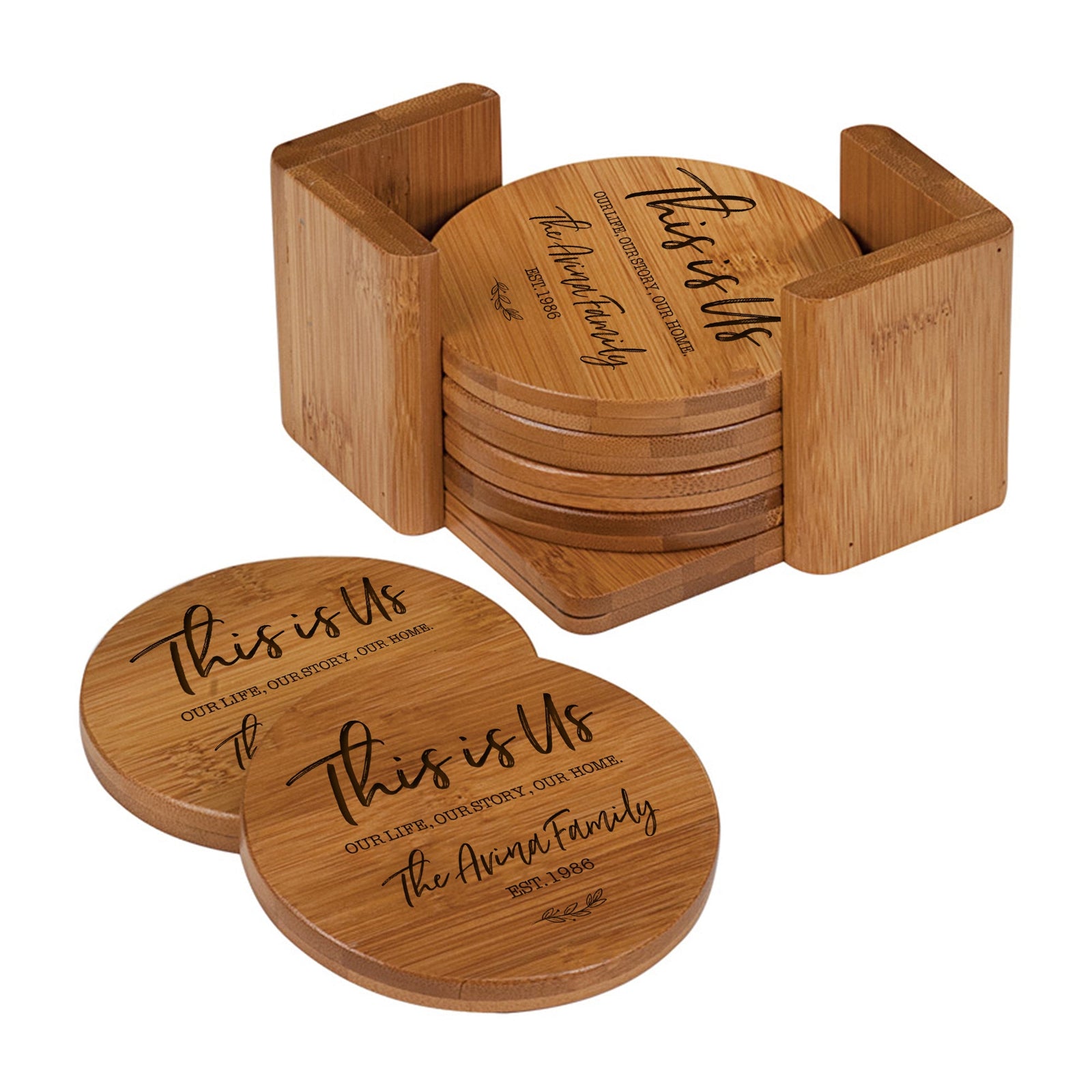 Custom Modern Inspirational 6pc Bamboo Coaster Set 4.5x4.5 This Is Us - LifeSong Milestones