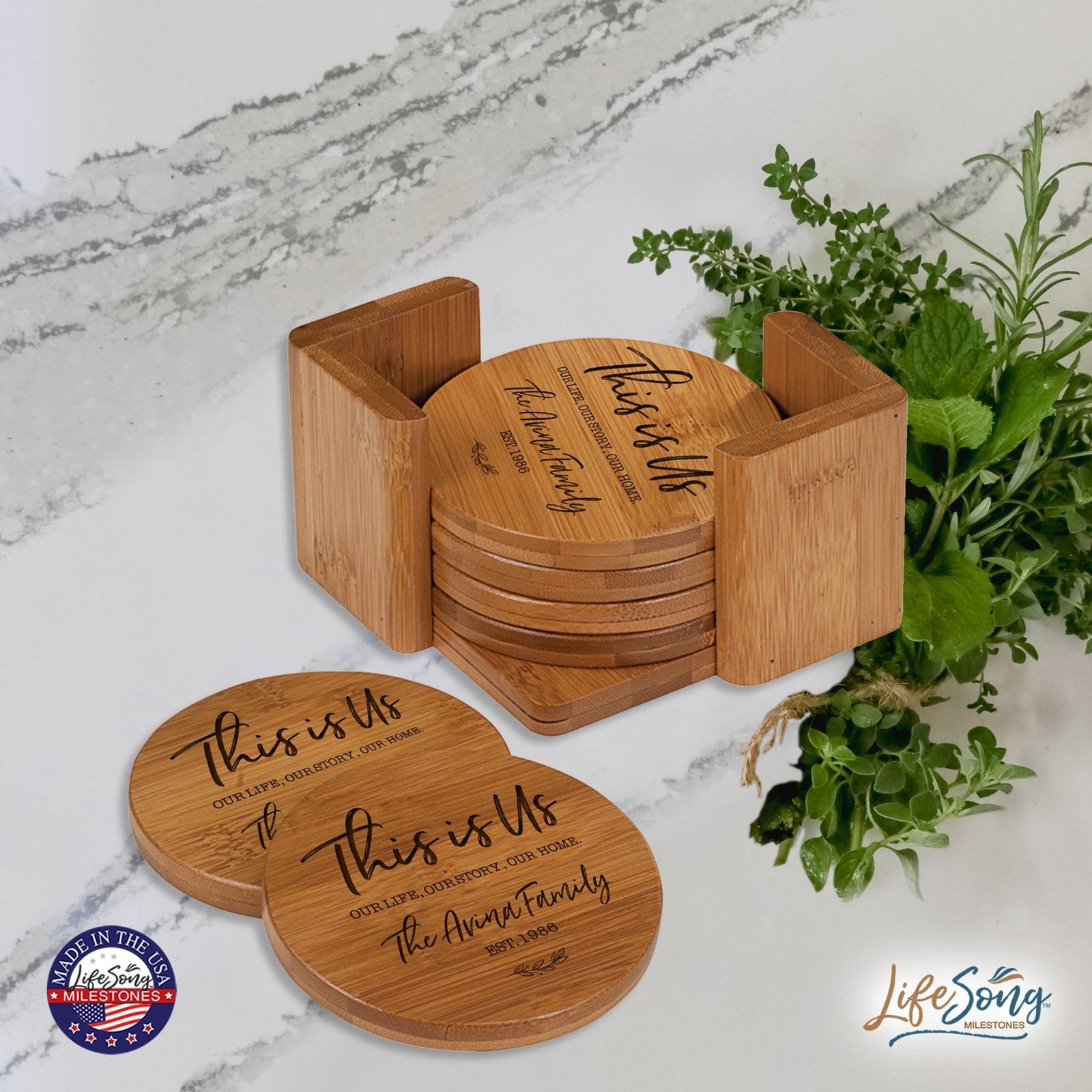 Custom Modern Inspirational 6pc Bamboo Coaster Set 4.5x4.5 This Is Us - LifeSong Milestones