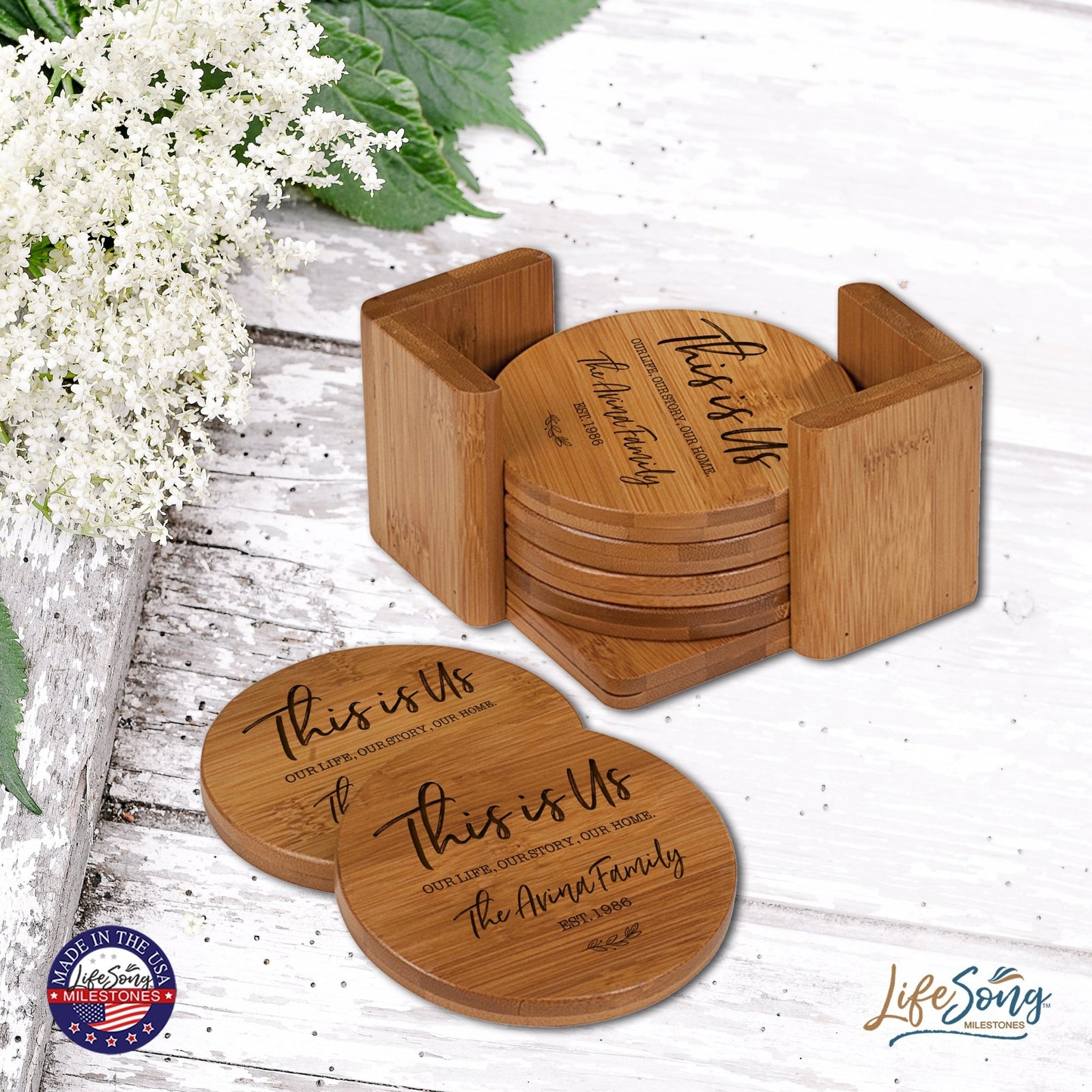 Custom Modern Inspirational 6pc Bamboo Coaster Set 4.5x4.5 This Is Us - LifeSong Milestones