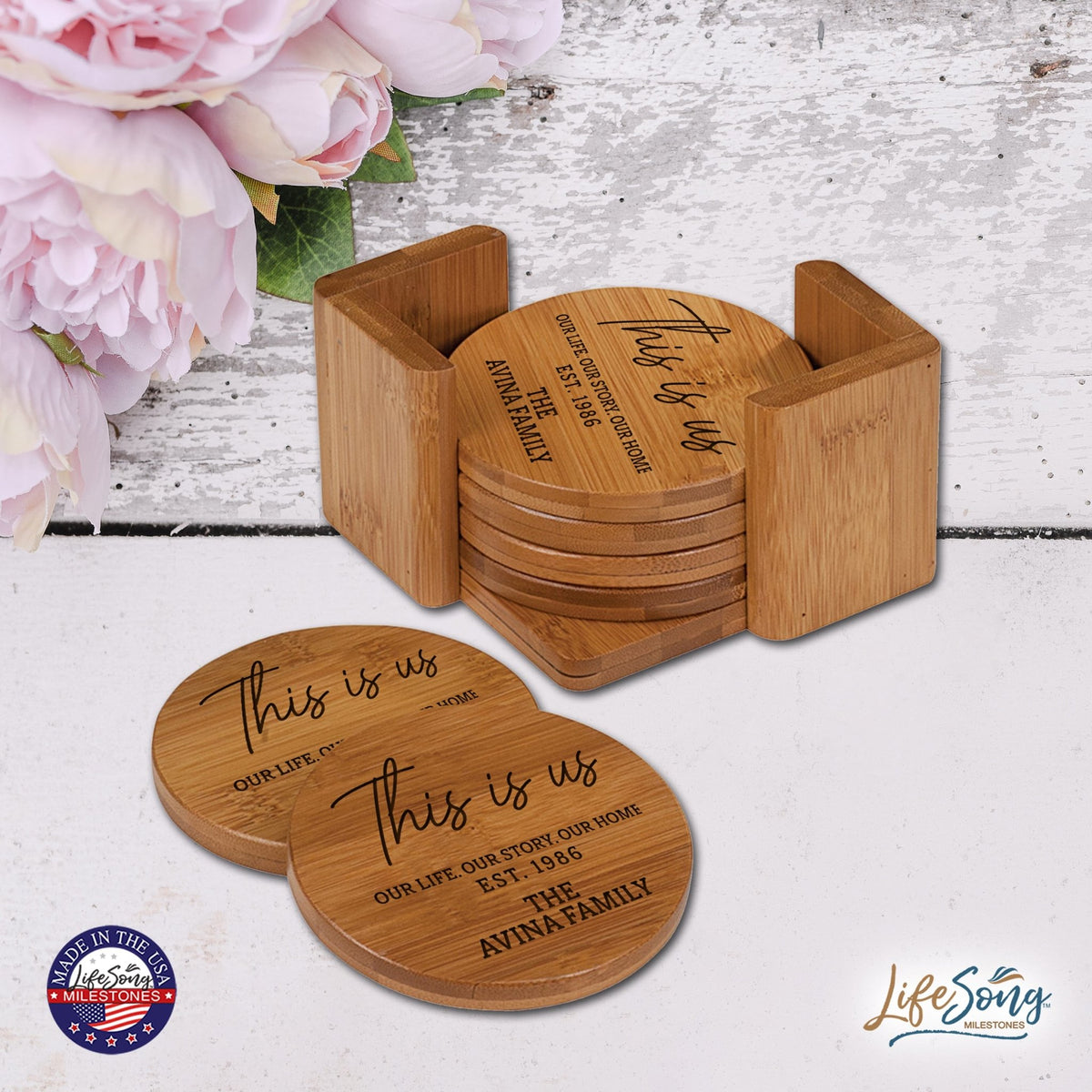 Custom Modern Inspirational 6pc Bamboo Coaster Set 4.5x4.5 This Is Us - LifeSong Milestones