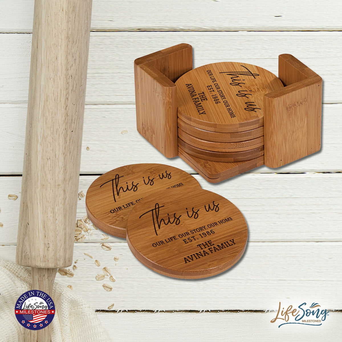 Custom Modern Inspirational 6pc Bamboo Coaster Set 4.5x4.5 This Is Us - LifeSong Milestones