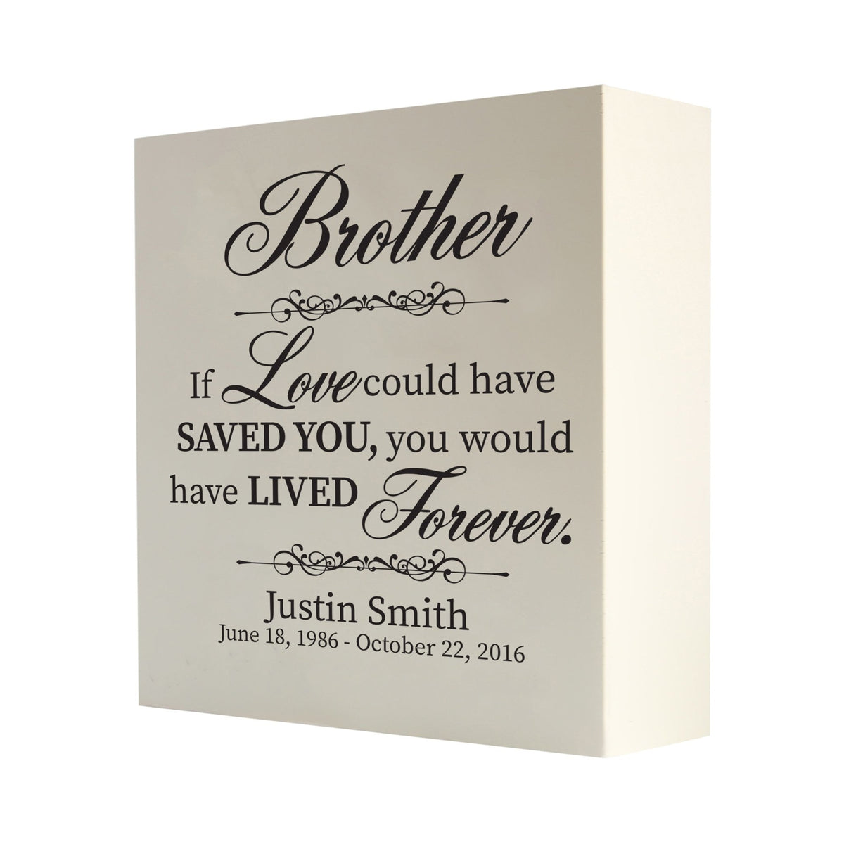 Detailed view of a sleek wooden shadow box urn for human ashes adult, memorializing a brother with a heartfelt quote in elegant white script, ideal for preserving cherished memories.