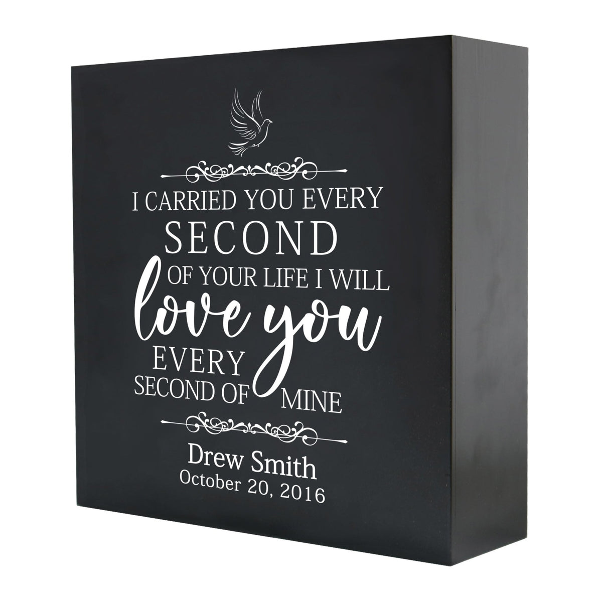 A close-up of a wooden shadow box urn for human ashes, crafted for adults, showcasing its sleek black finish.