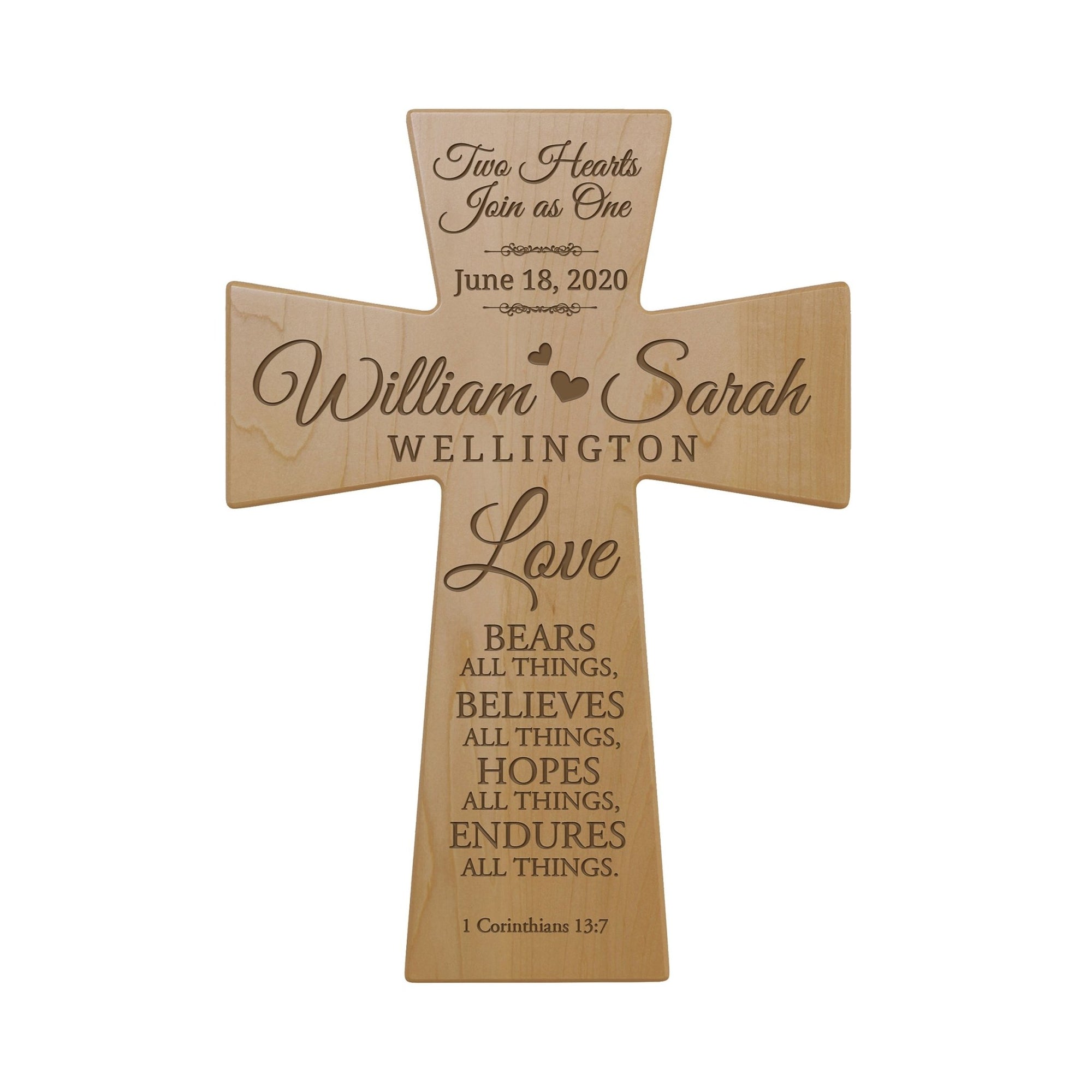 Custom Wall Cross Wedding Gift 12” x 17” x 0.5” - Love bears all things, believes all things (HEARTS) - LifeSong Milestones