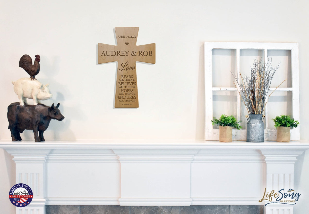 Custom Wall Cross Wedding Gift 12” x 17” x 0.5” - Love bears all things, believes all things (Script) - LifeSong Milestones