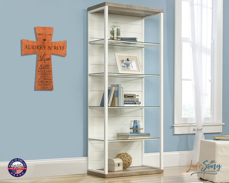 Custom Wall Cross Wedding Gift 12” x 17” x 0.5” - Love bears all things, believes all things (Script) - LifeSong Milestones