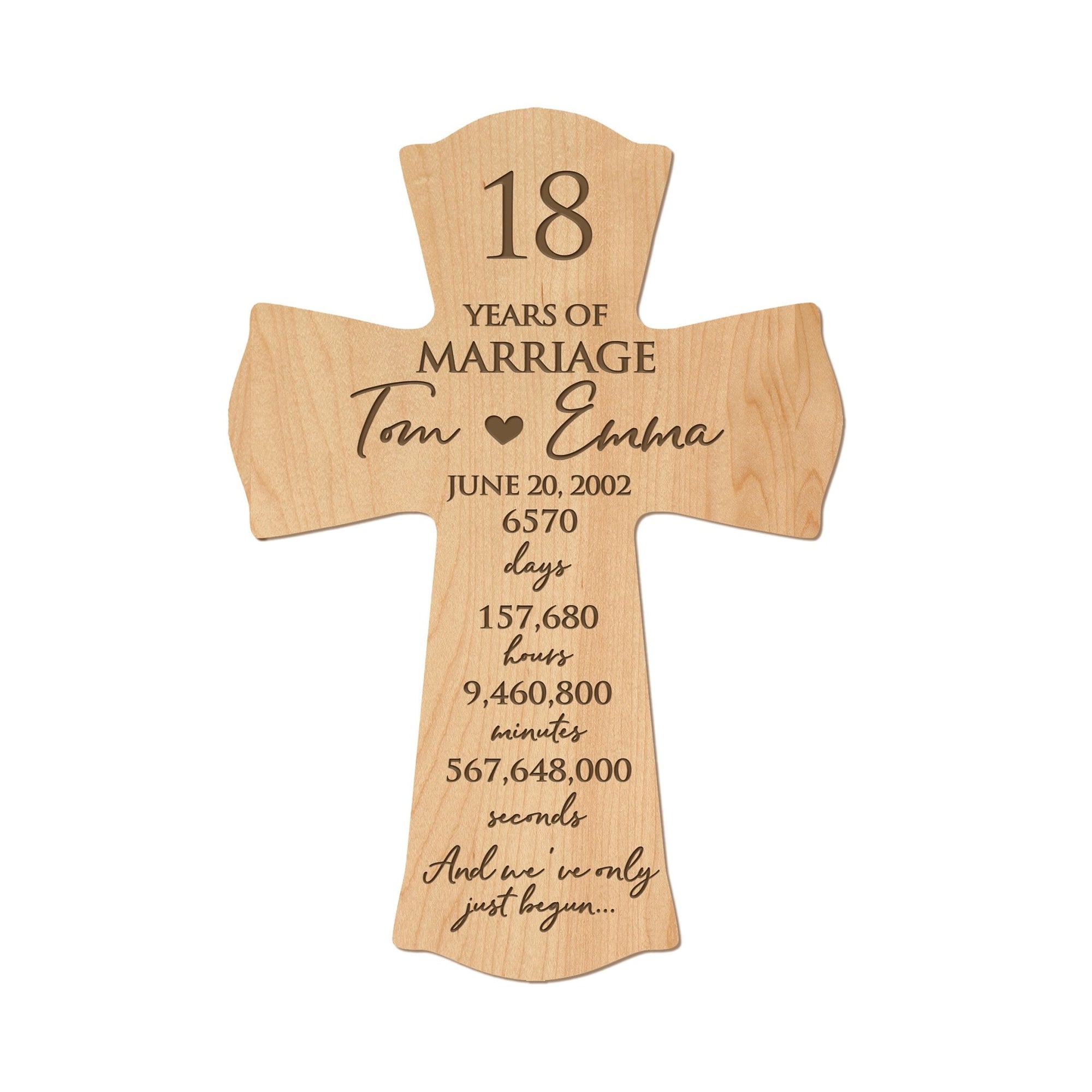 Custom Wedding Anniversary Wall Cross 8”x11.25”x0.75” - 18 Years Of Marriage (HEART) - LifeSong Milestones