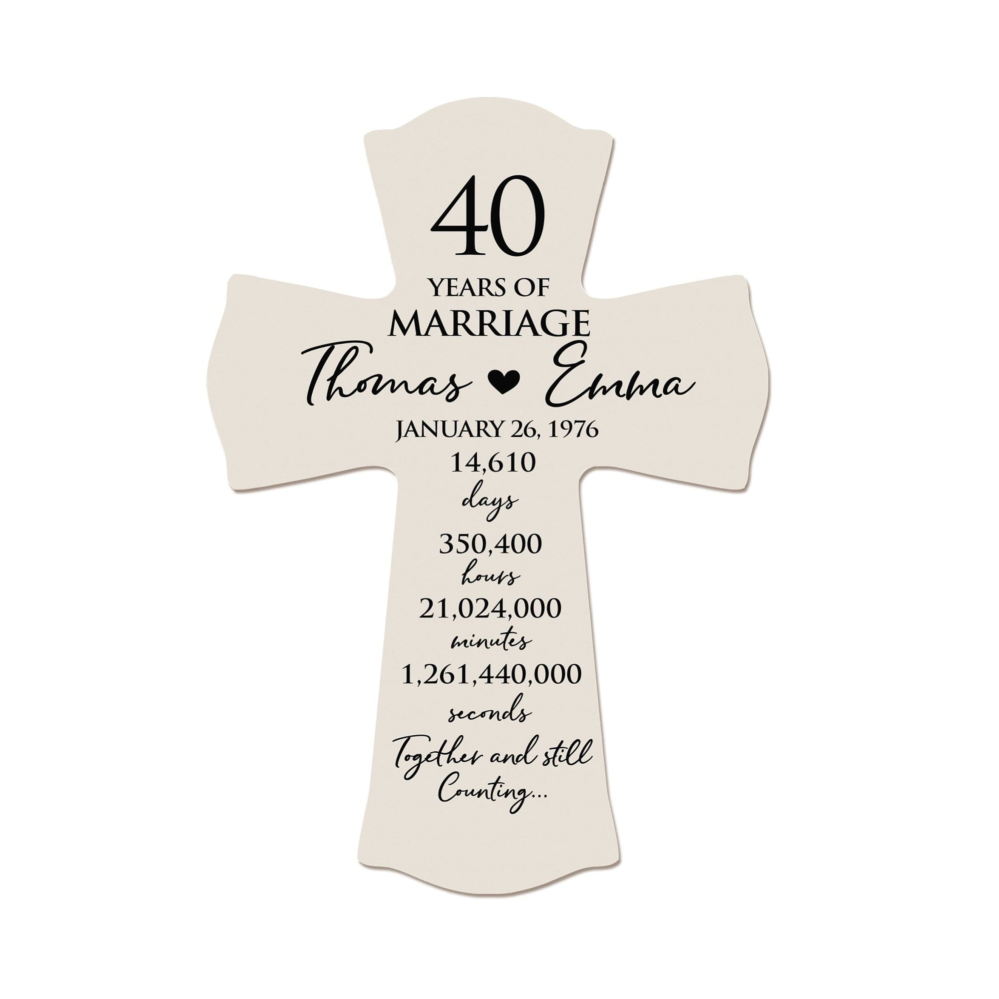 Custom Wedding Anniversary Wall Cross 8”x11.25”x0.75” - 40 Years Of Marriage (HEART) - LifeSong Milestones