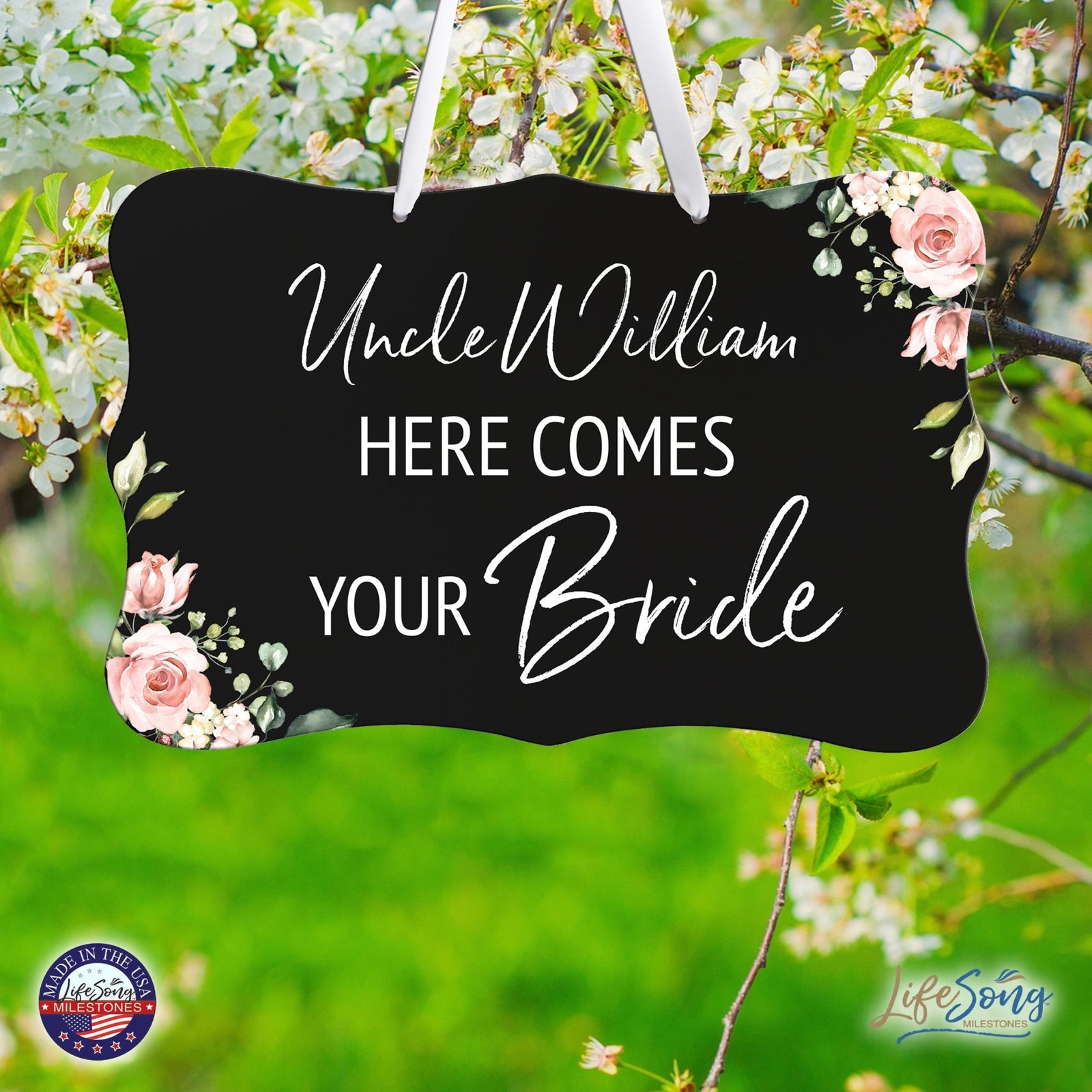 Custom Wedding Wall Hanging Signs For Ceremony And Reception For Couple - Here Comes the Bride (Flower) - LifeSong Milestones